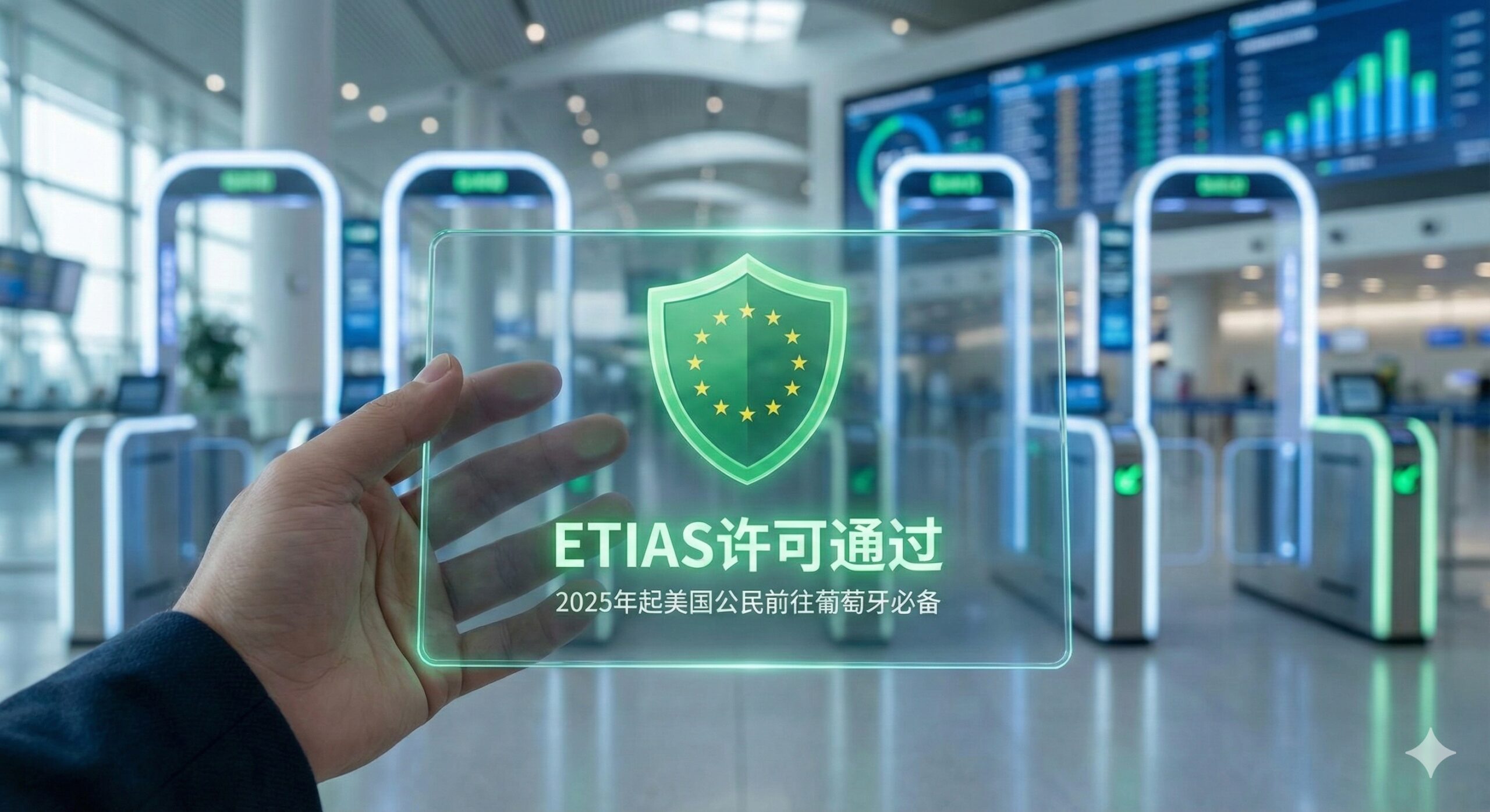 一张充满科技感的概念图,展示2025年即将实施的ETIAS电子旅行许可系统。画面特写一只手持智能手机或平板电脑,屏幕上清晰显示带有欧盟星旗标志的‘ETIAS Approved’(许可通过)绿色盾牌图标或界面。背景是模糊的国际机场航站楼或电子登机口,象征着数字化通关的未来趋势,强调电子授权的便捷与必要性。