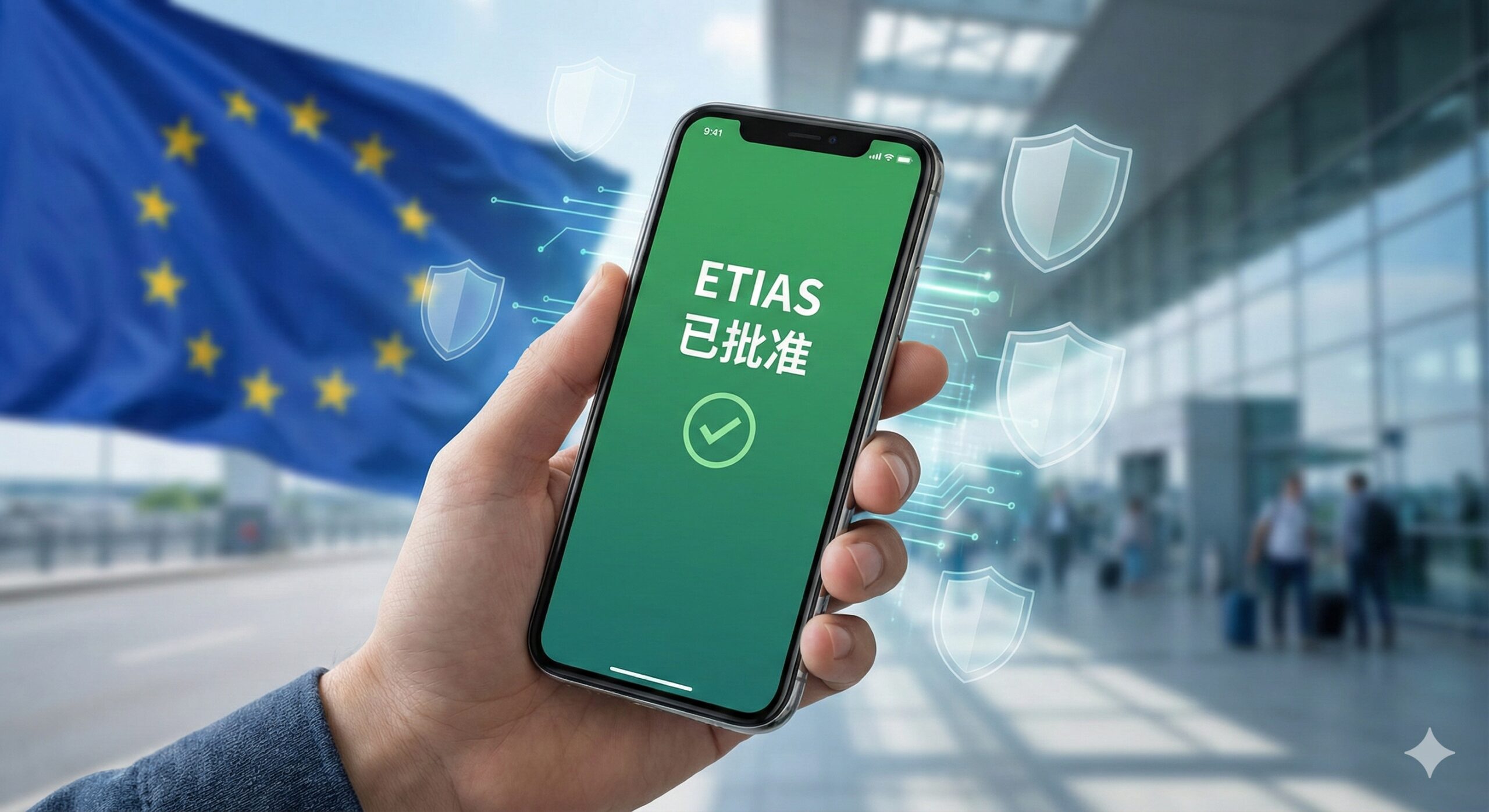 专注于2025年欧洲旅行新规的科技感图片。画面中心是一只手拿着智能手机，屏幕上清晰显示着'ETIAS Approved'（ETIAS已批准）的绿色验证界面，背景是模糊的欧盟旗帜和现代化的欧洲机场航站楼。画面中漂浮着数字盾牌图标和电子扫描光效，象征着从传统纸质签证向数字化电子授权的转变，视觉风格现代、简洁、高效。