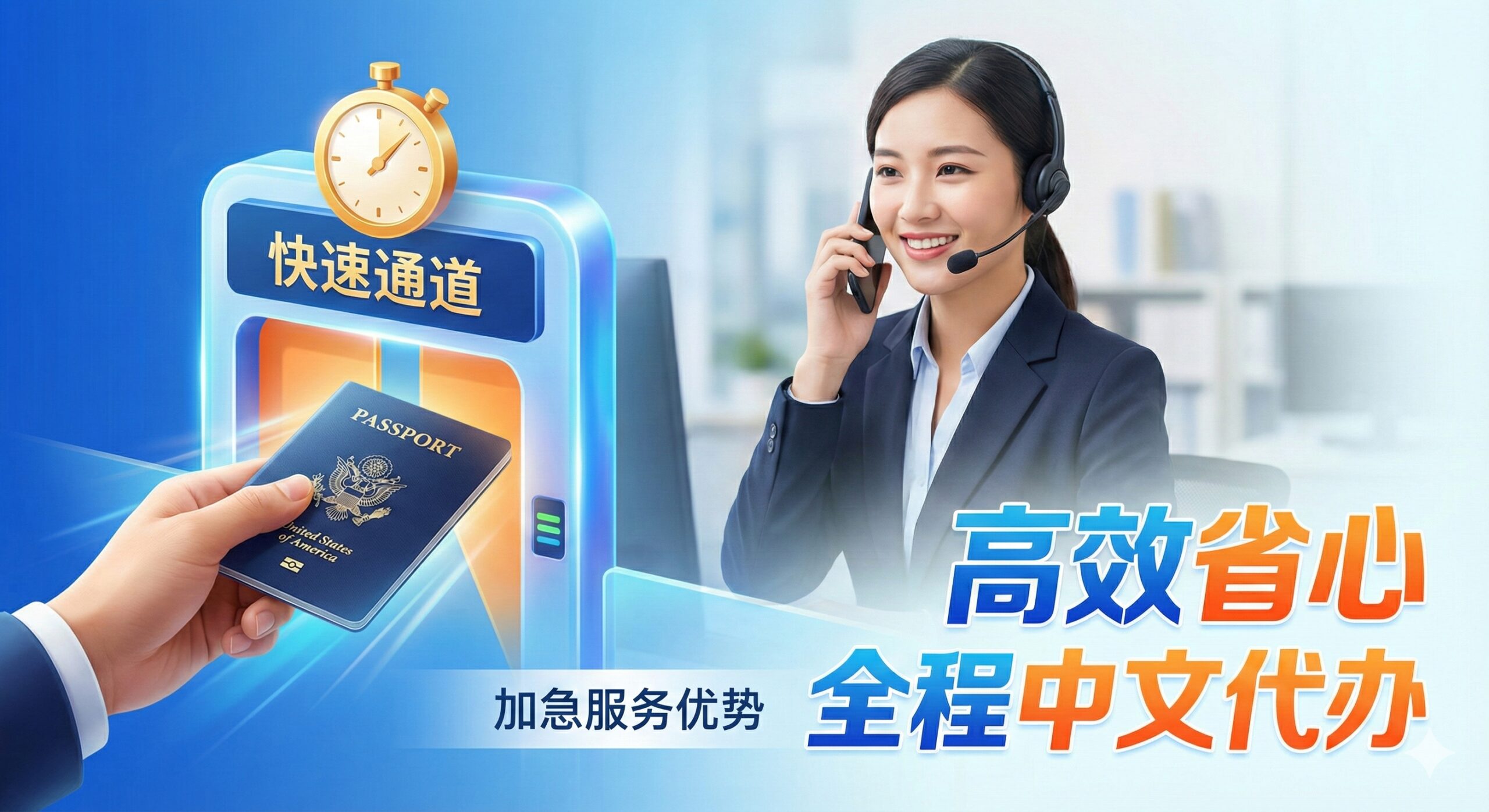 展现速度与服务优势的概念图。前景是一只手拿着美国护照通过机场的快速通道闸机，或者是一个象征'加急'的金色秒表与护照的合成图。背景有一位穿着商务装的专业客服人员（亚洲面孔，亲切微笑）正在通过电话沟通，象征全程中文代办服务。画面右侧有'Fast Track'（快速通道）的视觉元素，色彩采用充满活力的蓝色和橙色对比，强调高效与省心。