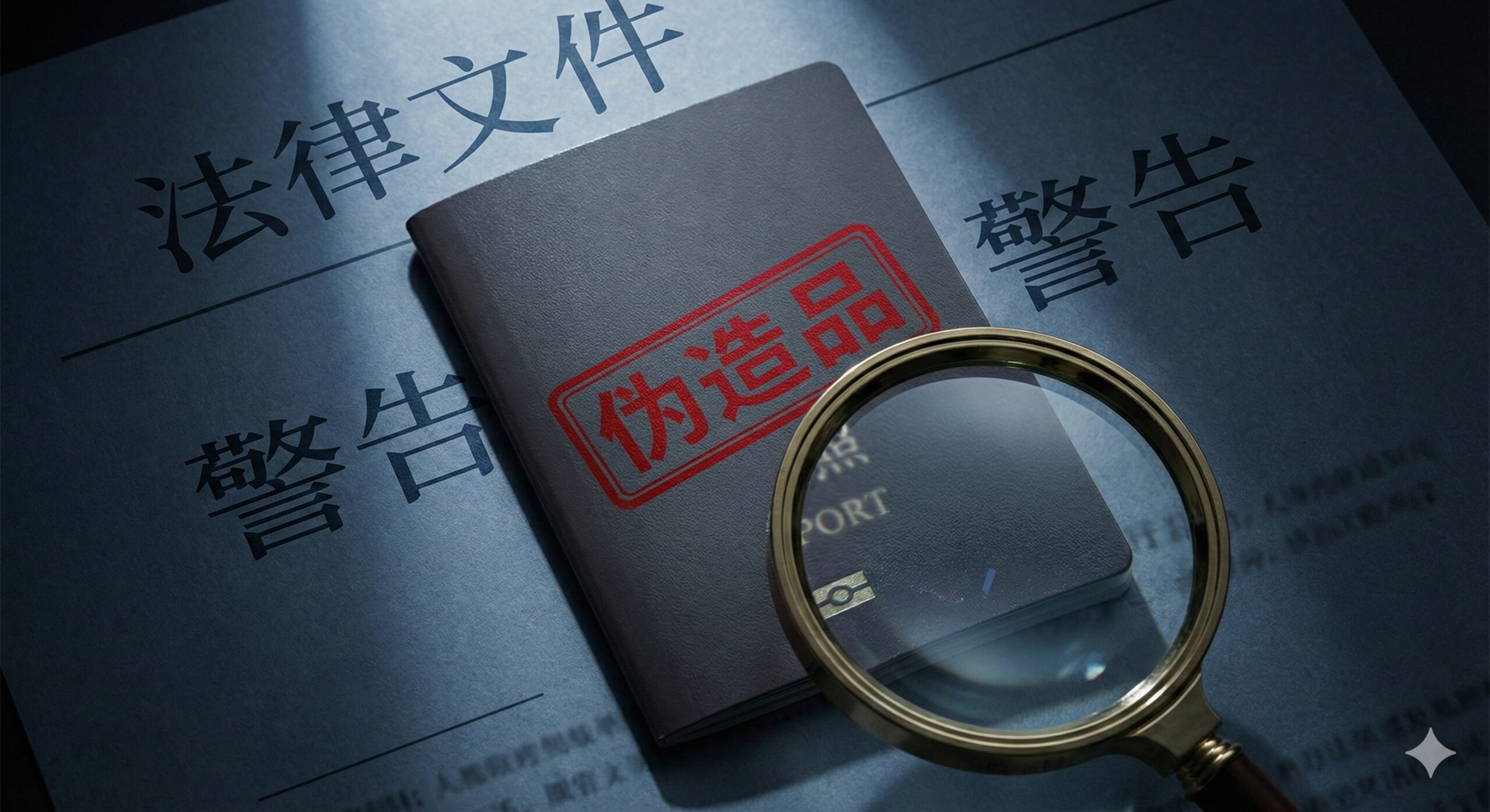 一张具有警示意味的高清封面图片。画面中心是一本虚构的通用护照，上面盖有一个鲜红色的“FAKE”或“VOID”印章，形成强烈的视觉冲击。背景采用深蓝色或深灰色的法律文书纹理，光线从侧面打入，营造出严肃、谨慎的氛围。画面中还可以包含一个放大镜元素，聚焦在护照的防伪细节上，寓意揭露伪造行为。整体风格专业、严谨，旨在提醒用户警惕假护照的法律风险。