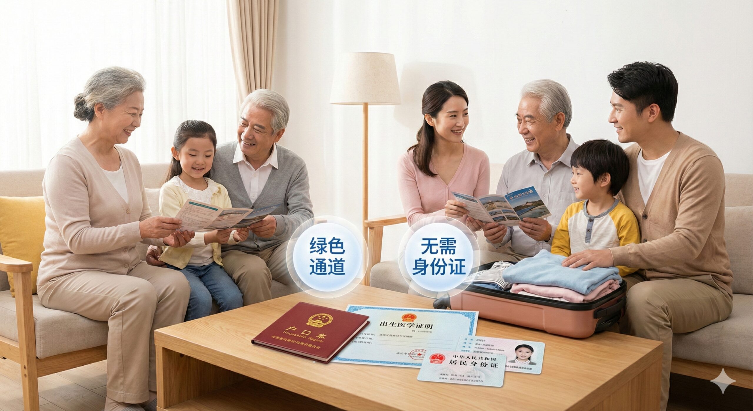 一张温馨的家庭旅行准备场景图,针对‘一老一小’办证攻略。画面中是一个三代同堂的中国家庭(祖父母、父母和两个孩子)正在整理行李。桌面上清晰展示着出生医学证明、户口本和老人的身份证。画面上方悬浮着柔和的图标提示:‘绿色通道’(针对老人)和‘无需身份证’(针对儿童)。光线温暖柔和,人物表情轻松愉快,传达出只要准备好材料,家庭办理护照非常简单的积极信号。