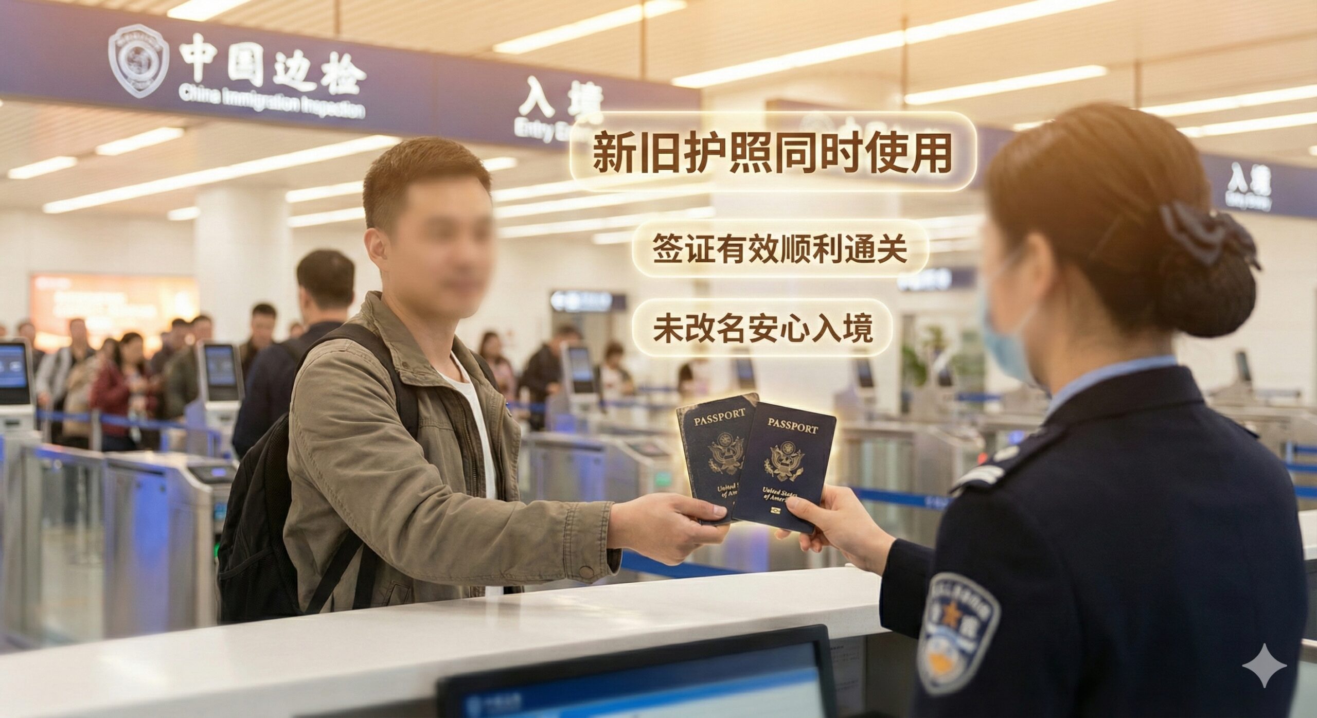 总结图片，模拟机场和海关的场景，为文章结尾提供安心感。画面中央是一名旅客（面部模糊化）自信地将新旧两本美国护照同时递交给中国边检人员（也面部模糊化）。背景是明亮的中国海关入境大厅。护照上方的空中漂浮着关键信息关键词，如“新旧护照通关”和“未改名”。整体采用暖色调，营造出顺利、轻松通关的氛围，作为文章结论部分的视觉总结。
