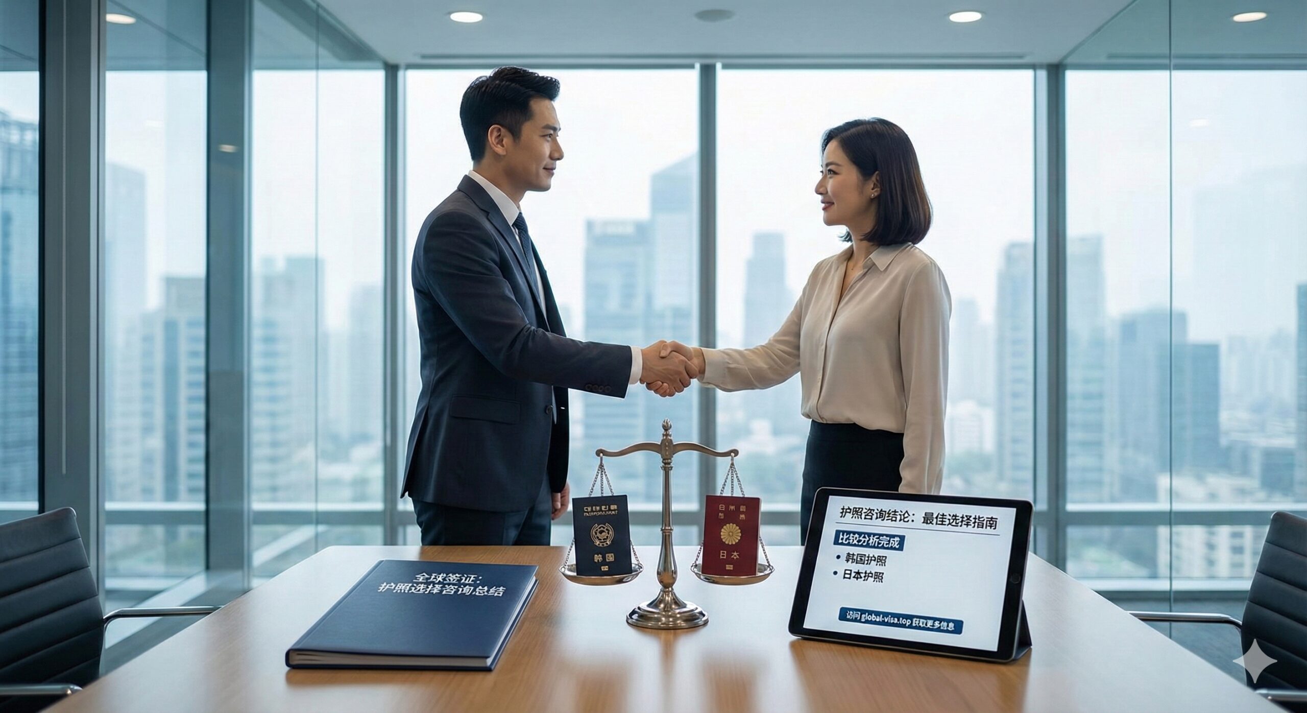 A trustworthy and professional image depicting a successful consultation conclusion. Two people (a consultant and a client) are shaking hands across a meeting table in a modern, glass-walled office with a city skyline view. On the table, there is a balanced scale concept or a folder labeled 'Global Visa', representing a finalized decision. The image exudes confidence, success, and the right choice, perfectly matching the article's conclusion and call to action.