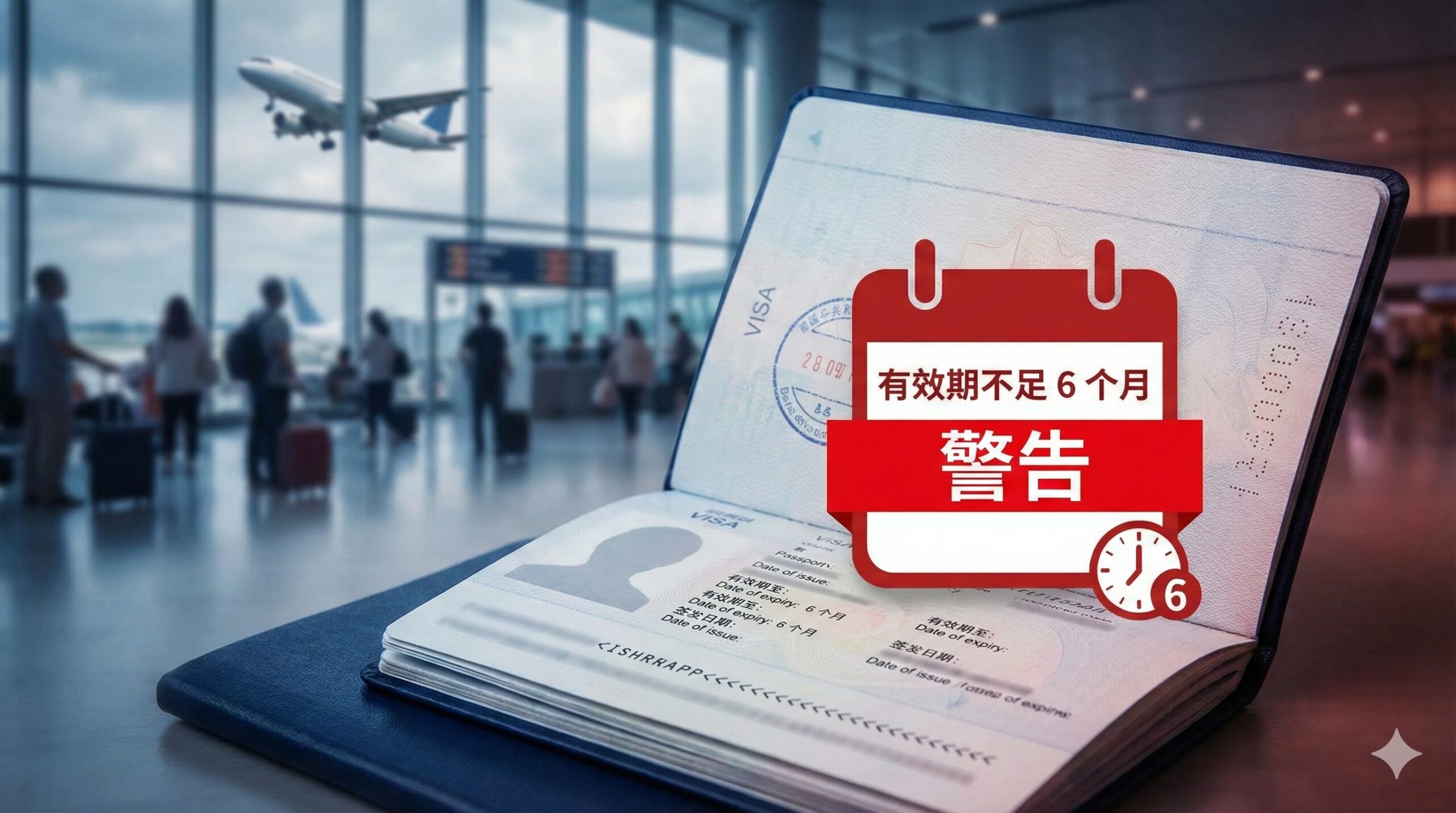 一张充满紧迫感与专业性的封面图。画面特写展示一本打开的通用护照,焦点聚在'有效期至'(Date of expiry)一行,旁边叠加一个红色的警示日历图标,高亮显示'6个月'的时间界限。背景是模糊的繁忙国际机场航站楼和起飞的客机,寓意旅行前的关键检查。色彩以专业深蓝与警示红为主,风格现代、清晰,符合全球签证资讯平台的权威形象。