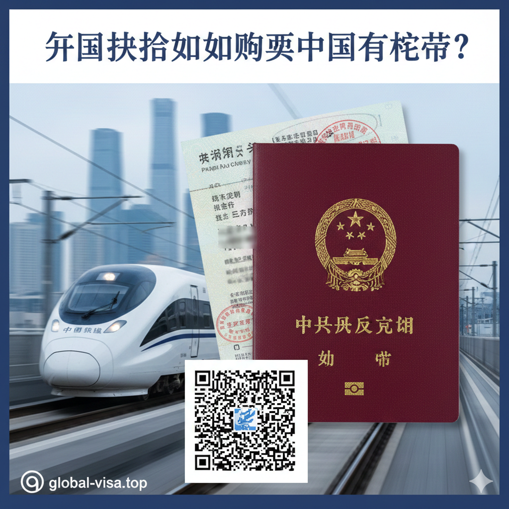 图片应作为文章的封面，以现代、高效、国际化的风格为主。主体元素是一个带有中国国徽和英文信息的外国护照，放置在一张银灰色高铁路轨的背景上。护照下方有一张象征性的电子客票二维码，旁边是一列白色流线型中国高铁（CRH或复兴号）疾驰而过。整体色彩以高铁的蓝白色调和护照的暗红色形成对比，视觉中心放在护照上，强调“护照”与“高铁”的关联性。构图应是动态且专业，顶部或左侧留白可添加文章标题。