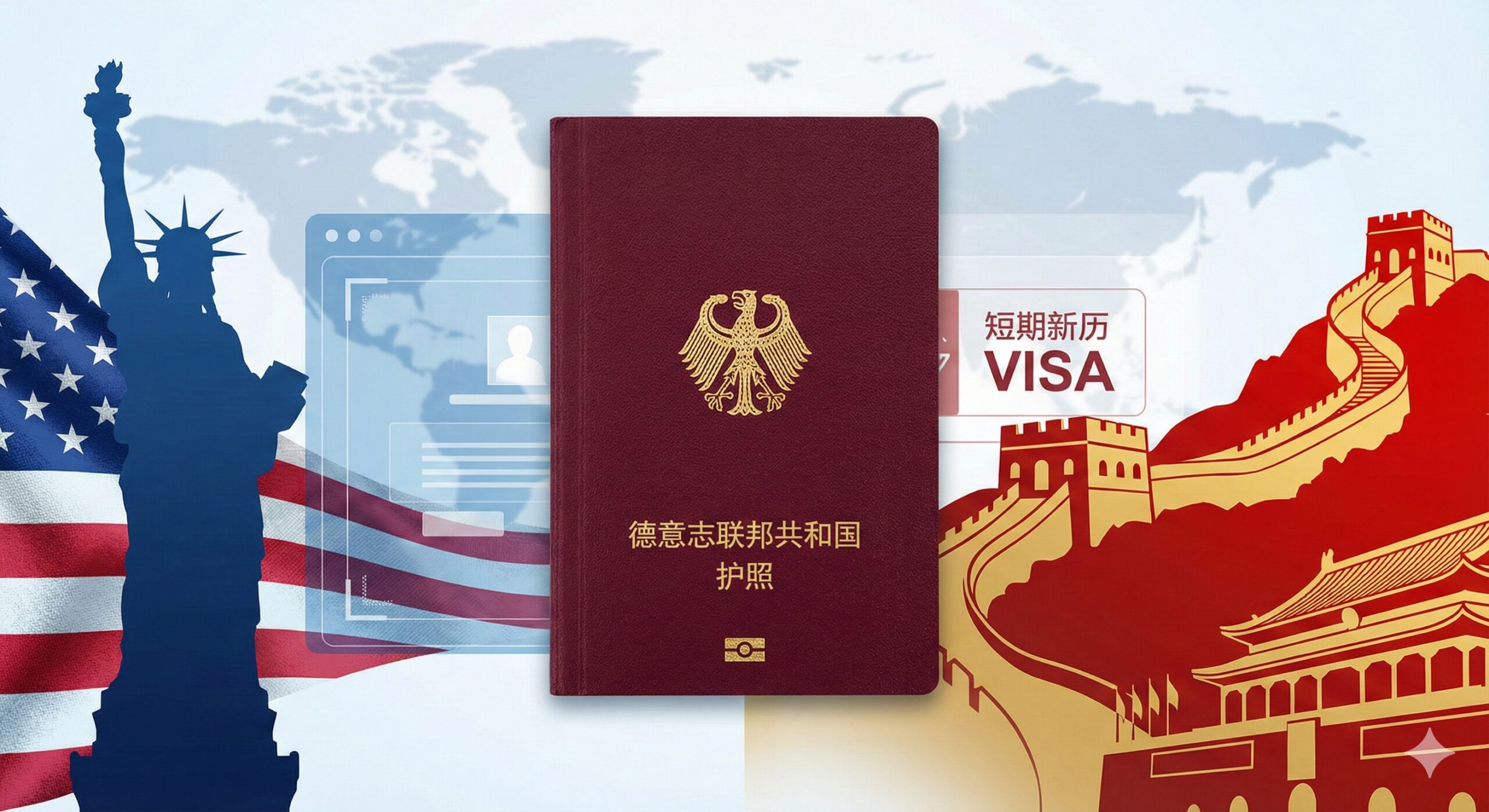 一张具有对比性的合成概念图，专门针对热门目的地分析。画面左侧融合了美国元素（如自由女神剪影或美国国旗纹理）并暗示“ESTA”概念，画面右侧融合了中国元素（如长城剪影或红色调）暗示“15天免签”。中间摆放一本合拢的德国护照，形成桥梁作用。构图平衡，色彩鲜明但不杂乱，用于视觉化呈现美洲与亚洲部分的重点签证政策解析。