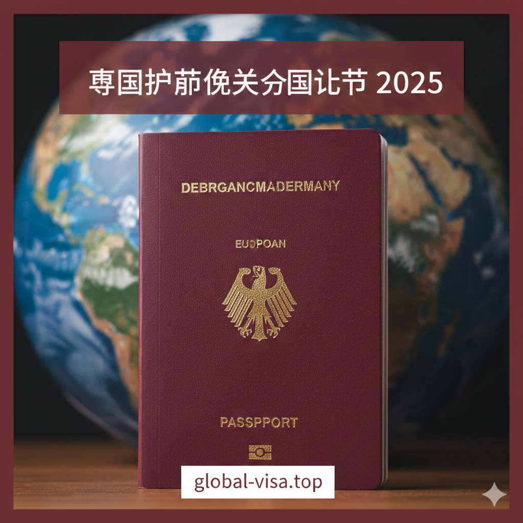 一张极具质感的德国护照（Reisepass）特写摄影图，作为文章封面。画面中央是勃艮第红色的德国生物识别护照，封面上的金色德国鹰徽和“Europäische Union”字样清晰可见，光影处理呈现出高级的哑光质感。背景是一张虚化的世界地图或地球仪，暗示全球通行。整体色调为暖色与深红结合，体现权威感与国际化，符合global-visa.top的专业签证站点定位。