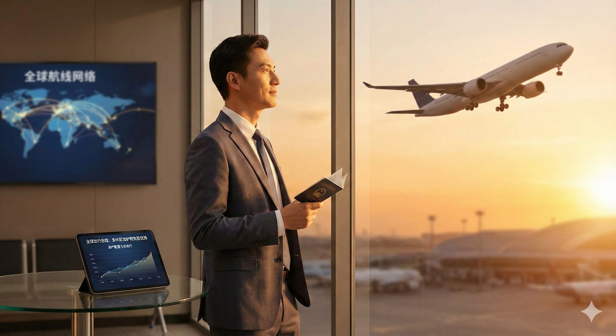 一张充满希望和愿景的情景图，展示一位成功的商务人士手持护照站在现代化的机场落地窗前，注视着窗外起飞的飞机。夕阳的余晖洒在人物身上，象征着光明的未来和无限的商业机会。背景隐约可见全球航线网络图，寓意着持有第二身份后的全球资产配置与出行自由，旨在激发用户点击咨询的欲望，传递安全感与成就感。