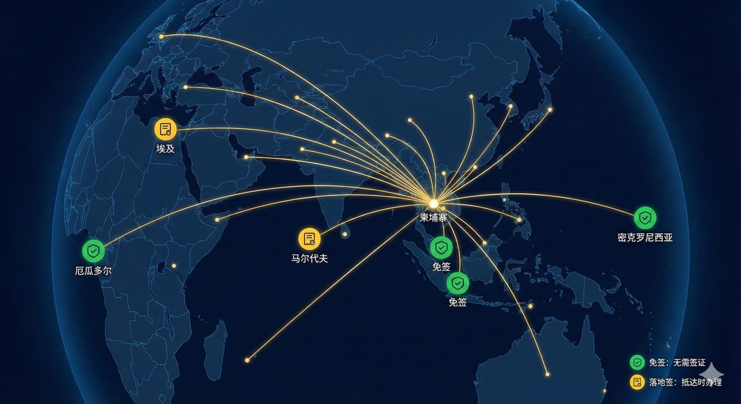 现代极简风格的数据可视化地图插图。在深蓝色的地球背景上,用明亮的金色线条连接柬埔寨与主要的免签及落地签国家(如马尔代夫、埃及、厄瓜多尔、密克罗尼西亚)。地图上标记有绿色的“免签”图标和黄色的“落地签”图标,视觉清晰,科技感强,体现Global-Visa站点的专业性与全球视野。