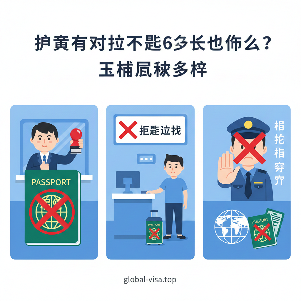 一张扁平化风格的插画或概念图，直观展示'6个月规则'的三重关卡。画面分为三个部分：左侧是签证中心盖上'Rejected'（拒签）印章；中间是航空公司柜台显示'Check-in Denied'（拒绝值机）的屏幕；右侧是海关边检人员做出停止手势。通过清晰的图标和红色叉号元素，视觉化呈现护照有效期不足导致的致命后果，帮助用户快速理解核心风险。