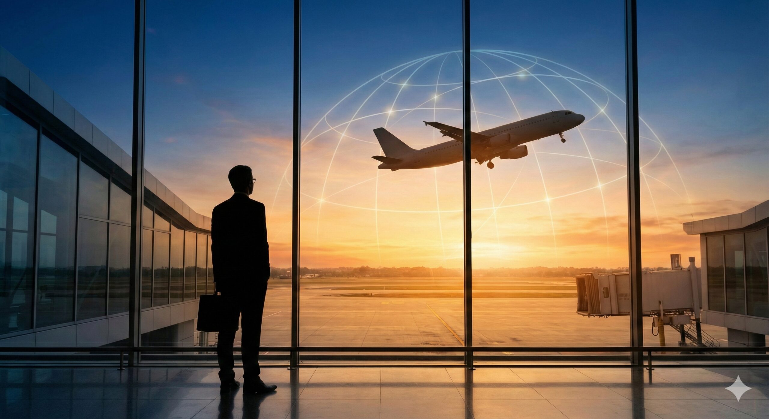 一张极具感染力的总结性图片，描绘一名商务旅客在现代化的国际机场候机大厅，透过巨大的落地窗眺望起飞的飞机。夕阳的余晖洒在跑道上，寓意着希望和新的旅程。画面上方隐约浮现全球互联的经纬线网络，象征突破限制后的全球自由通行。色彩采用令人安心的蓝色和充满活力的橙色渐变，完美呼应文章关于身份规划和自由出行的结语。