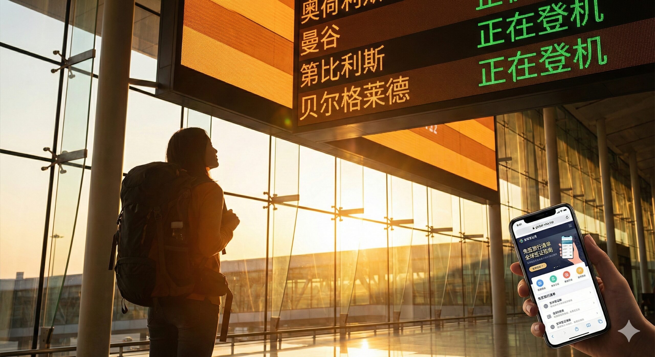 一张充满情感共鸣和召唤力的总结性图片。画面描绘了一位背着旅行背包的旅行者站在宽敞明亮的现代化机场落地窗前,正抬头仰望巨大的航班时刻显示屏。显示屏上列出了'Bangkok'、'Tbilisi'、'Belgrade'等热门免签目的地,状态栏显示为绿色的'Boarding'。夕阳的余晖透过玻璃洒在旅行者身上,形成温暖的剪影,营造出期待与梦想成真的氛围。画面右下角巧妙融入一部智能手机,屏幕上显示着global-visa.top的界面或旅行清单,暗示网站作为坚强后盾,助你随时出发。