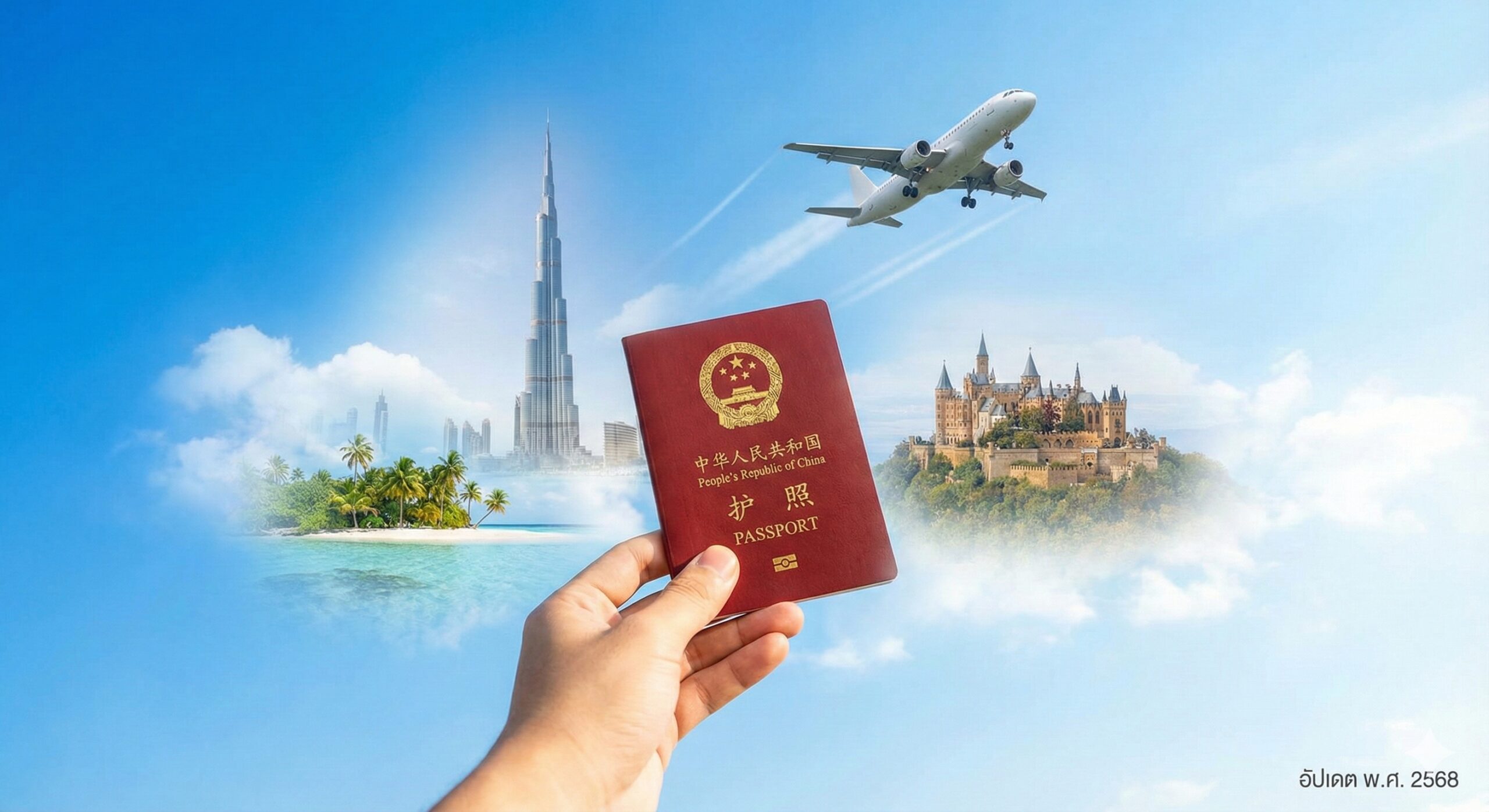 一张象征自由与广阔前景的总结性图片。画面展示一只手高举中国护照对着蔚蓝的天空和起飞的客机，背景融合了世界各地著名地标（如迪拜塔、海岛风光、欧洲古堡）的虚影剪辑，象征着85+个免签国家的广阔选择。画面构图开阔，充满希望感和旅行的冲动，右下角隐约可见'2025 Updated'的字样，为文章画上完美的句号。
