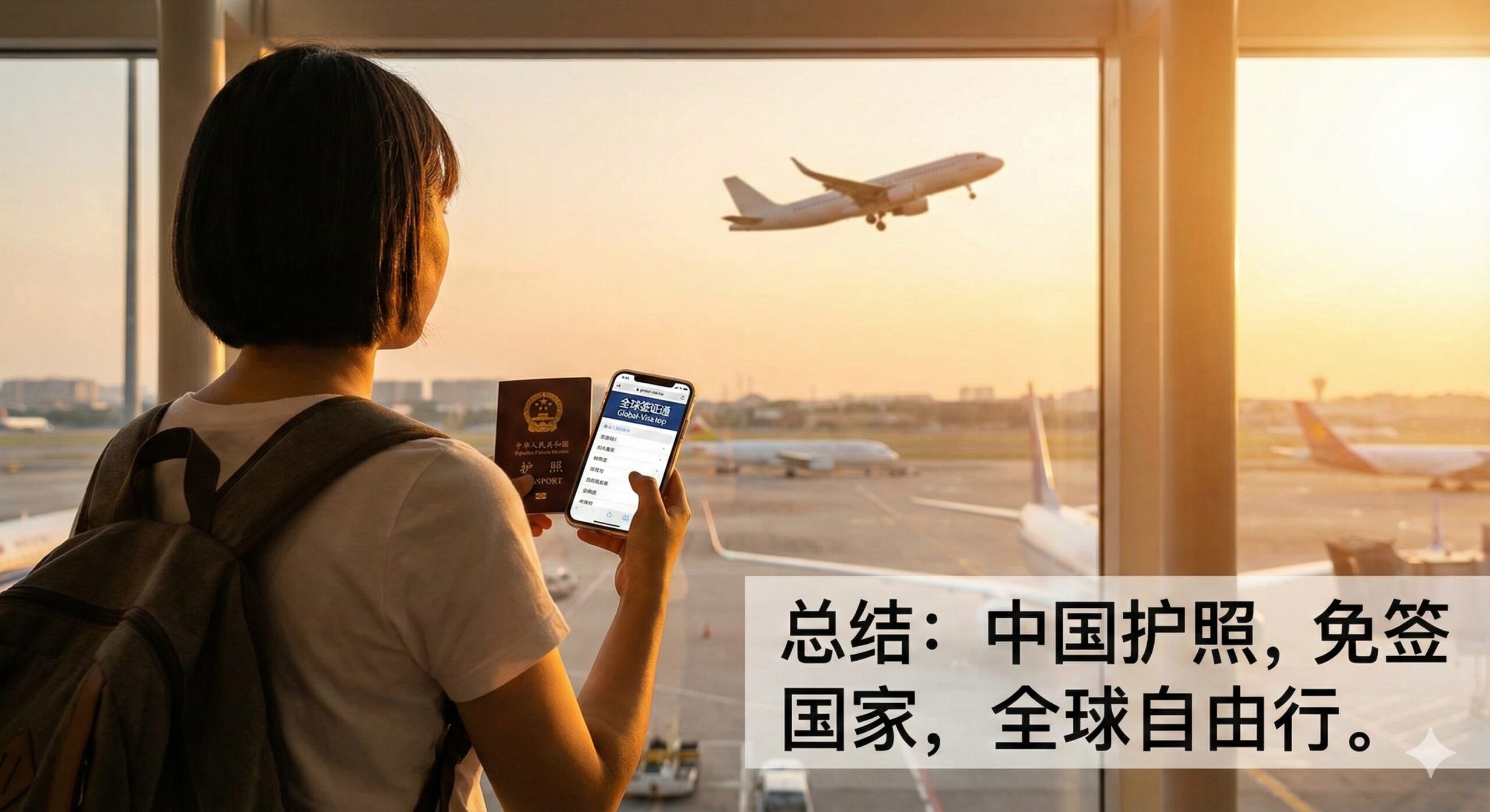 充满情感共鸣的旅行总结画面。一名年轻的中国旅行者背影，背着双肩包站在机场巨大的落地窗前，手持中国护照和手机，手机屏幕微亮显示着Global-Visa.top的页面。窗外是金色的夕阳和正在起飞的客机，象征着自由的旅程。整体色调为温暖的橙金色，氛围充满希望与自由感，呼应文章结语，鼓励用户关注最新政策，开启'说走就走'的全球旅行。