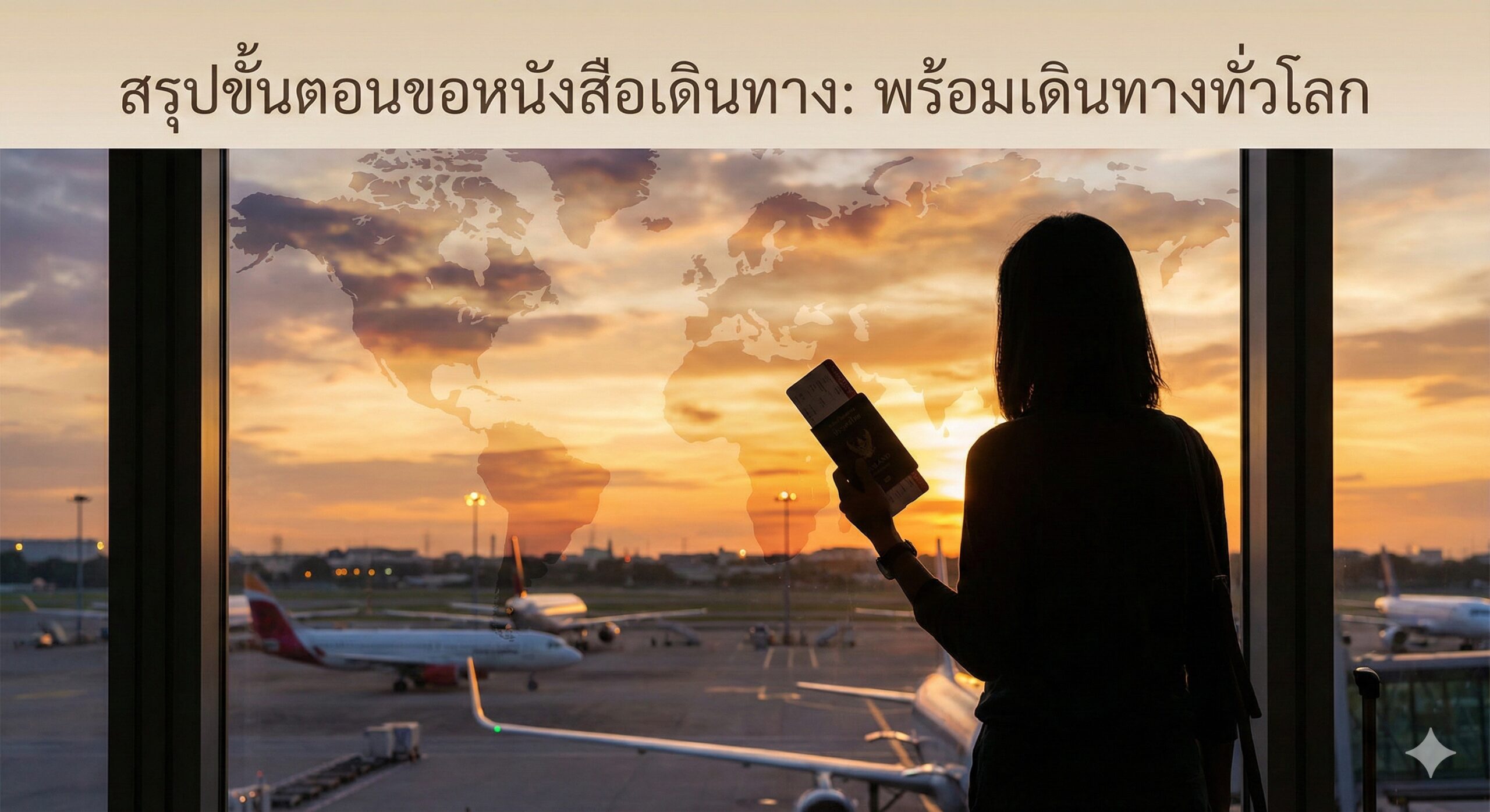 An inspiring, emotional shot of a traveler's silhouette looking out at an airport runway with airplanes visible through the window. The traveler is holding a passport and a boarding pass, evoking a sense of excitement and readiness. The lighting is golden hour sunset, creating a hopeful and adventurous atmosphere. A subtle overlay or watermark style map of the world is blended into the sky area, symbolizing global mobility and the successful conclusion of the application process.