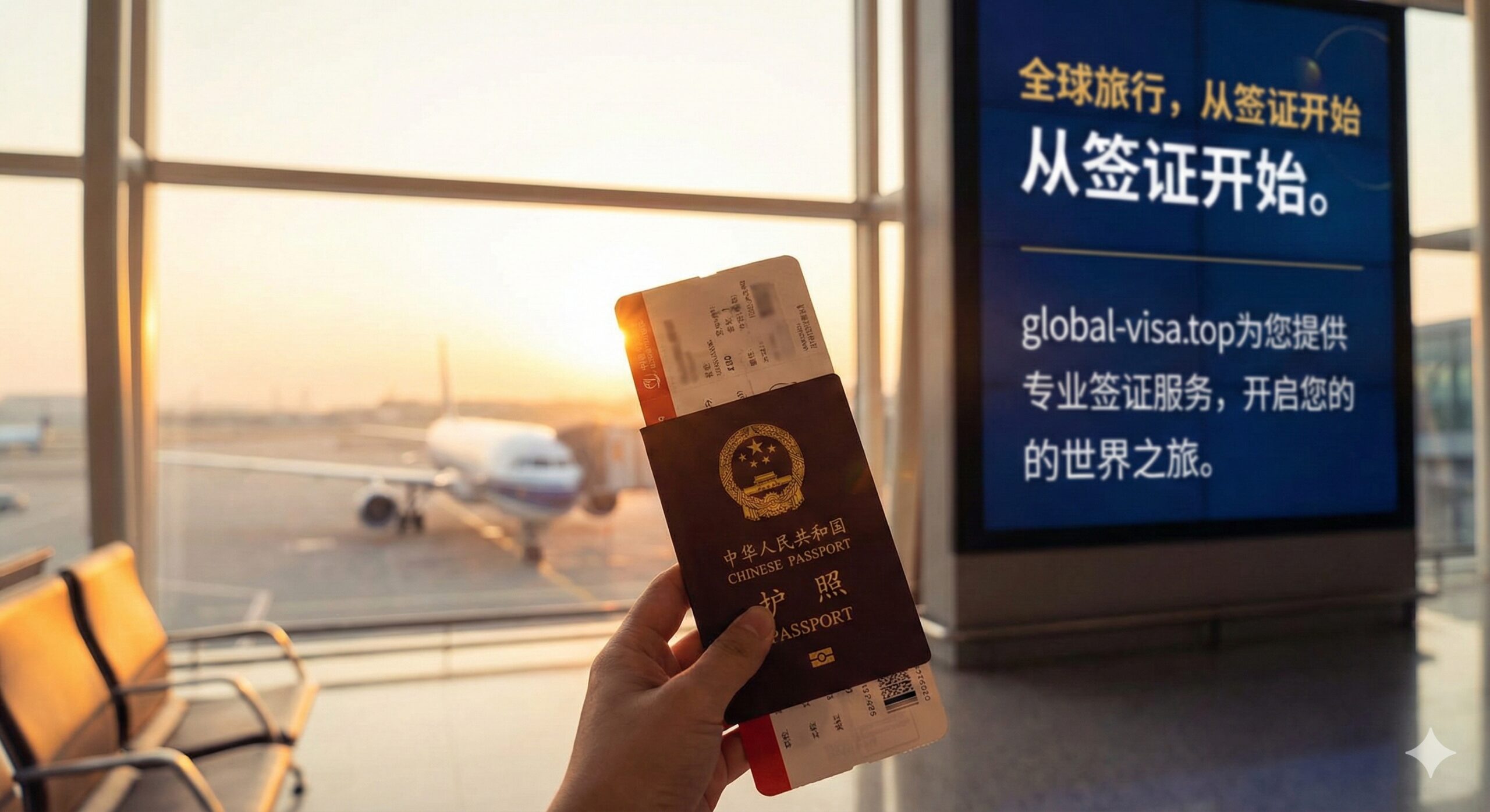 充满期待感的机场场景实拍图。画面前景是一只手拿着中国护照和登机牌，背景是机场航站楼巨大的落地窗、停机坪上的飞机以及模糊的航班显示屏。光线采用温暖的日出或日落色调，营造出即将启程的兴奋氛围。此图旨在呼应文章结尾，提示用户护照到手后下一步是办理签证和开启旅程，引导用户关注Global-Visa.top的后续签证服务。