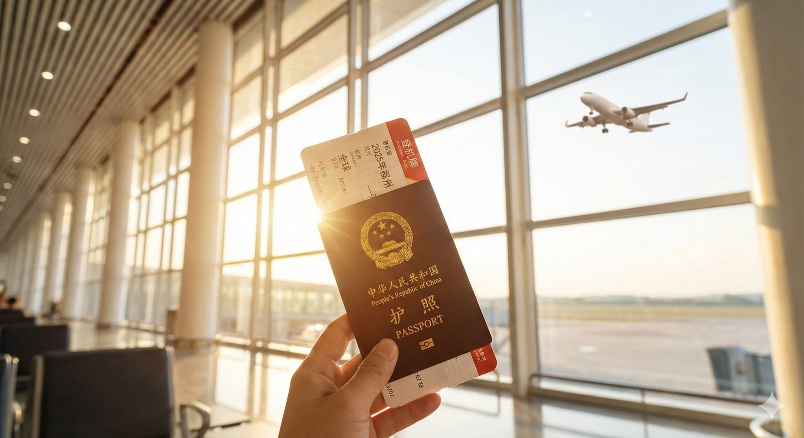 一张充满憧憬的旅游摄影风格图片，作为文章结尾。画面展示一只手拿着崭新的中国护照和一张登机牌，背景是繁忙而现代的国际机场候机楼，落地窗外有一架正在起飞的客机。阳光透过玻璃洒在护照上，营造出温暖、充满希望的氛围。图片暗示拿到护照是第一步，引导用户联想到global-visa.top提供的后续全球签证服务，激发用户的出行欲望。
