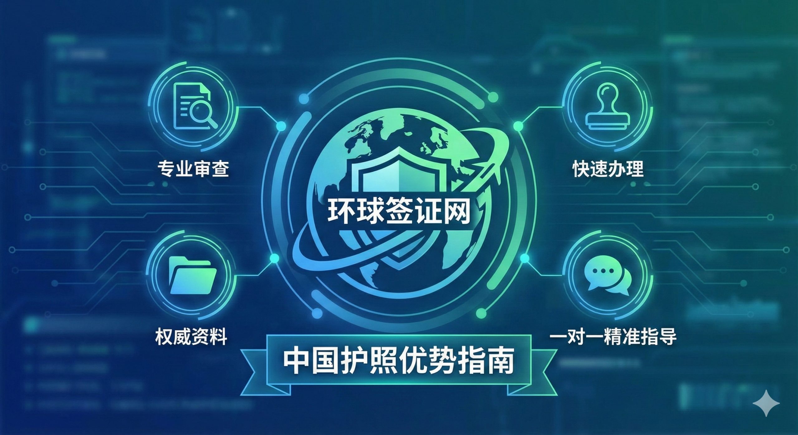 突出global-visa.top专业优势的插画。画面主体是一枚带有地球和飞行轨迹元素的徽章，徽章中央是'global-visa.top'的Logo。周围环绕着象征专业服务的元素：放大镜、签证盖章图标、文件资料夹和对话气泡（象征'一对一精准指导'）。整体风格现代、科技感强，色彩以蓝色和绿色为主，传达安全、高效、权威的服务理念。