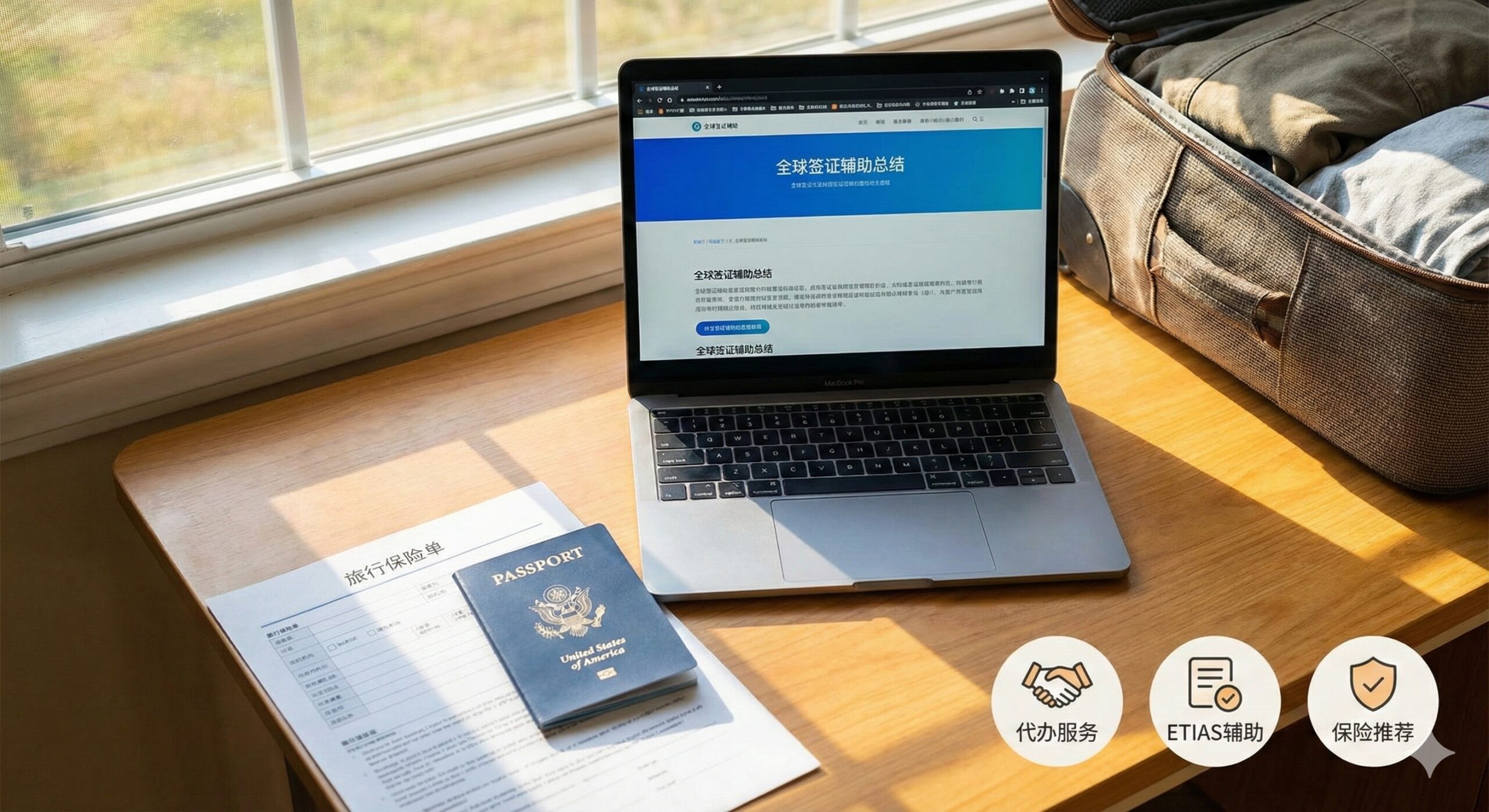 一张温馨的旅行准备场景图，象征一站式服务总结。桌面上整齐摆放着打开的笔记本电脑（屏幕显示global-visa.top的Logo或签证申请页面）、一本美国护照、一份打印好的旅行保险单和一个收拾好的行李箱一角。阳光透过窗户洒在桌面上，营造出安心、准备就绪的氛围。画面角落叠加'代办服务'、'ETIAS辅助'、'保险推荐'的微型图标，鼓励用户寻求专业帮助，无忧出行。