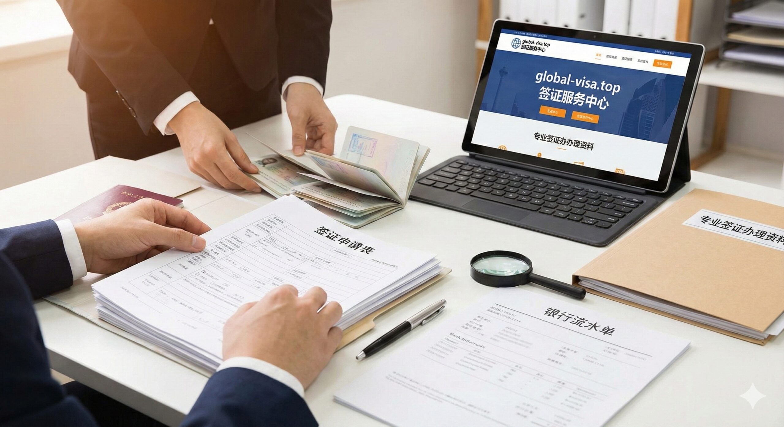 展示专业签证办理场景的特写摄影图。画面是一个整洁的办公桌面，摆放着护照、填好的申请表格、银行流水单等复杂材料，旁边有一台显示着global-visa.top网页的笔记本电脑或平板。一双专业的手正在整理文件，传达出‘专业管家’、‘高效办理’和‘省心服务’的视觉感受，暗示通过专业服务可以解决繁琐的签证材料准备问题。