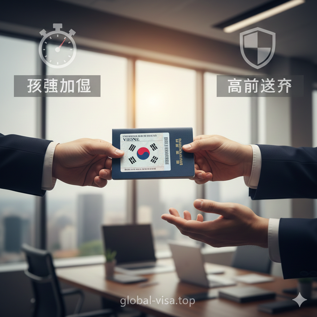 一张表现专业服务与成功结果的高质量摄影图。画面特写展示一双专业人士的手正在递交一本贴有美国签证的护照给客户，背景是模糊的高端商务办公环境。画面叠加半透明的图标，分别代表'极速加急'（秒表图标）和'高通过率'（盾牌图标）。光线温暖明亮，寓意在Global Visa协助下解决难题后的安心与顺利，增强用户的信任感。