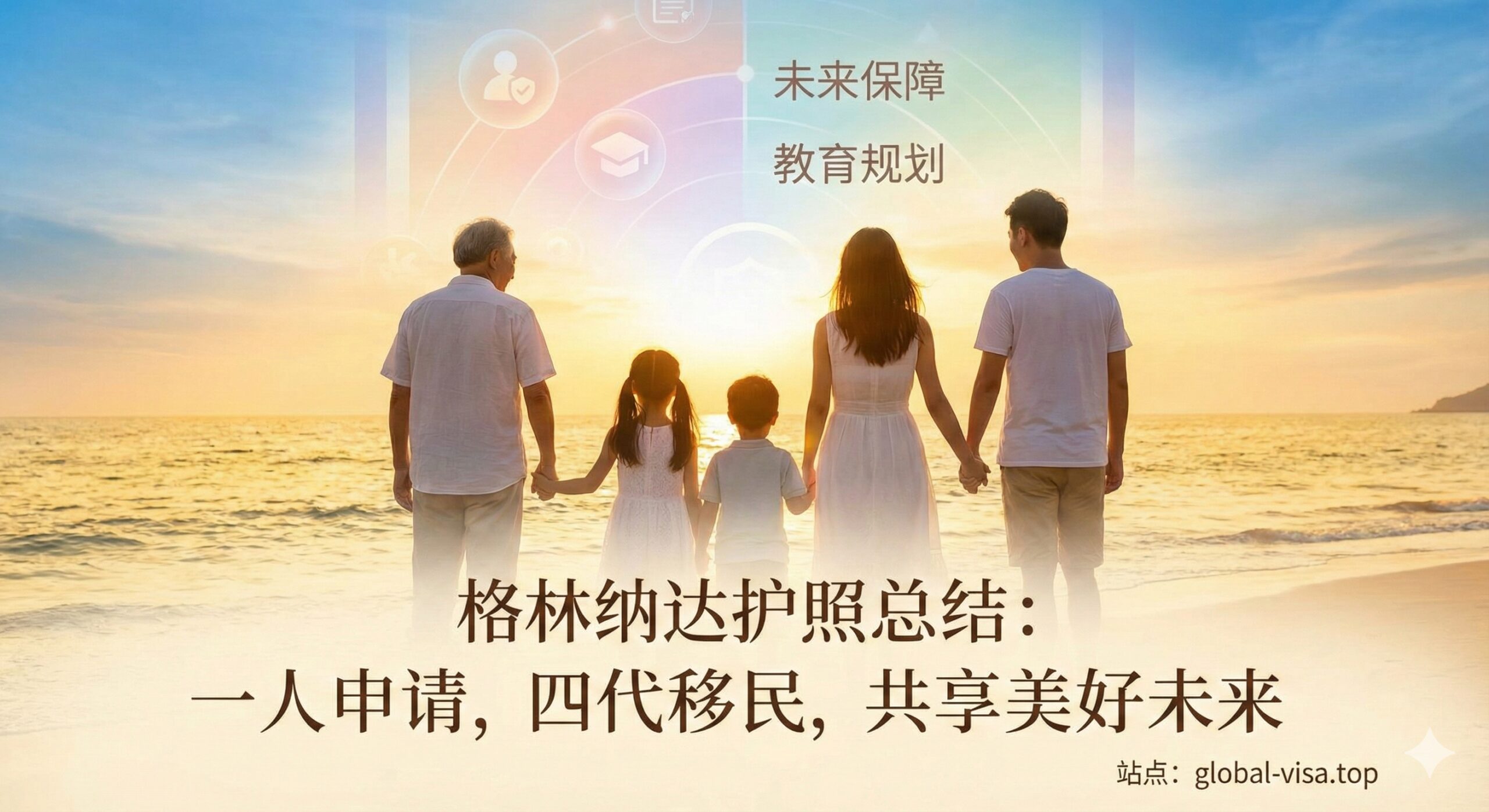 一张充满温情的总结性图片,展示‘一人申请,四代移民’的家庭概念。画面中是一个幸福的四代同堂家庭在海边漫步的背影,或者手持护照眺望远方,寓意着为家人通过global-visa.top规划了美好的未来。画面上方叠加淡雅的半透明图层,隐约显示‘未来保障’与‘教育规划’的抽象图形,色调温暖、充满希望,激发用户的投资意愿和对美好生活的向往。