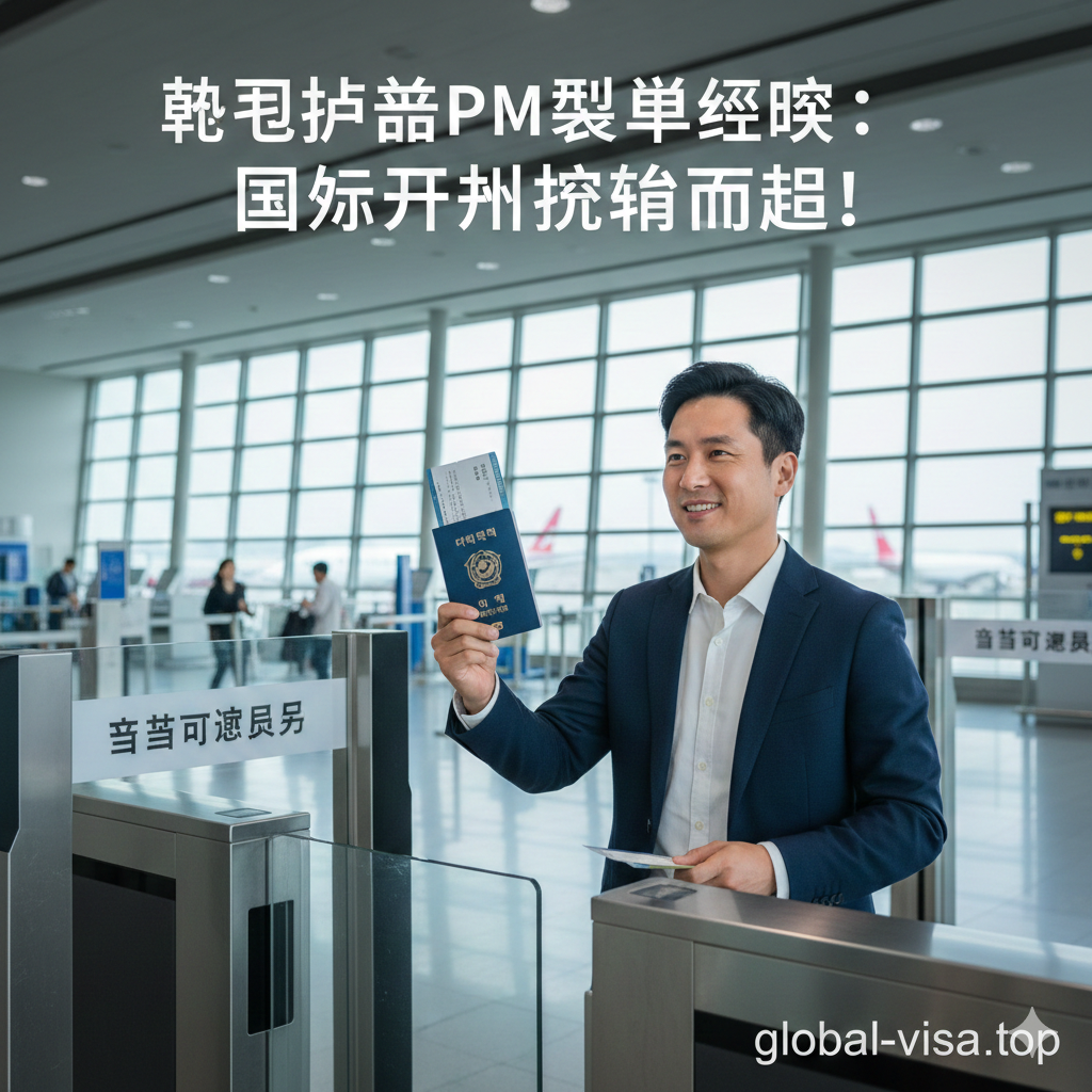 一张充满生活气息的旅行总结图片，展示一名旅客手持韩国护照和登机牌，正自信地通过机场的自助通关闸机（Smart Entry Service）。画面构图突显护照封面和电子芯片标志，背景是现代化的航站楼。Global Visa的Logo以水印形式巧妙融入画面右下角。整体氛围轻松愉悦，象征着理解了护照代码含义后，国际出行将变得顺畅无阻，呼应文章结尾。