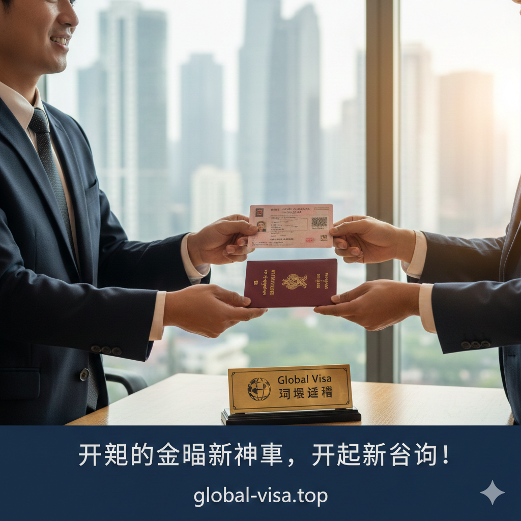 一张充满信任感的总结性图片，展示在Global Visa的高端咨询室内，专业的移民顾问双手递交全套合法的缅甸身份文件（包含粉色身份证和护照）给客户。背景是模糊的现代化办公室落地窗，透进温暖的自然光。画面构图稳定，焦点清晰地落在交接的文件上，传递出服务合规、成功交付和开启新生活的积极寓意，鼓励用户进行咨询。