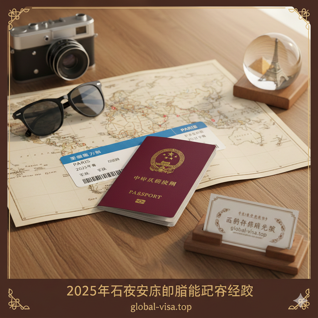 一张充满旅行憧憬的总结性图片。木质桌面上摆放着一本崭新的中国护照、一张世界地图、机票、太阳镜和相机。画面构图精致，色调温暖，营造出一种‘拿到护照，即刻出发’的兴奋感。此图用于文章结尾，旨在激发用户的出境欲望，并自然引导至Global-visa.top提供的后续签证服务，提升转化率。