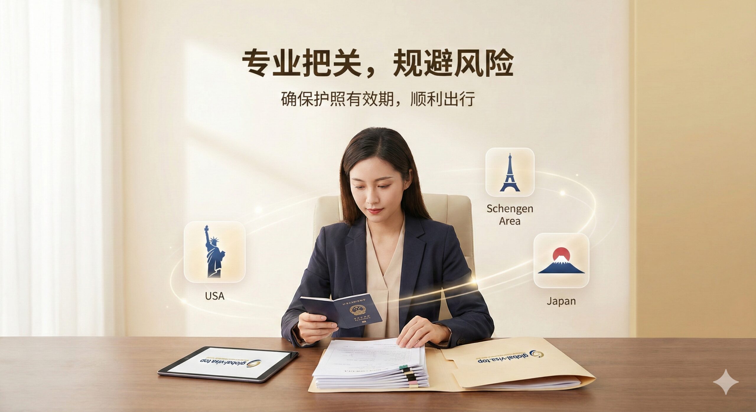 展示专业服务的场景图。一位穿着职业装的签证顾问正在明亮的办公室里,专注地检查客户的护照和签证文件,桌面上摆放着印有global-visa.top标志的平板电脑或文件夹。周围漂浮着半透明的图标,代表美国、申根、日本等热门目的地。整体色调温暖、令人安心,传达出'专业把关、规避风险'的服务优势,增强用户对平台的信任感。