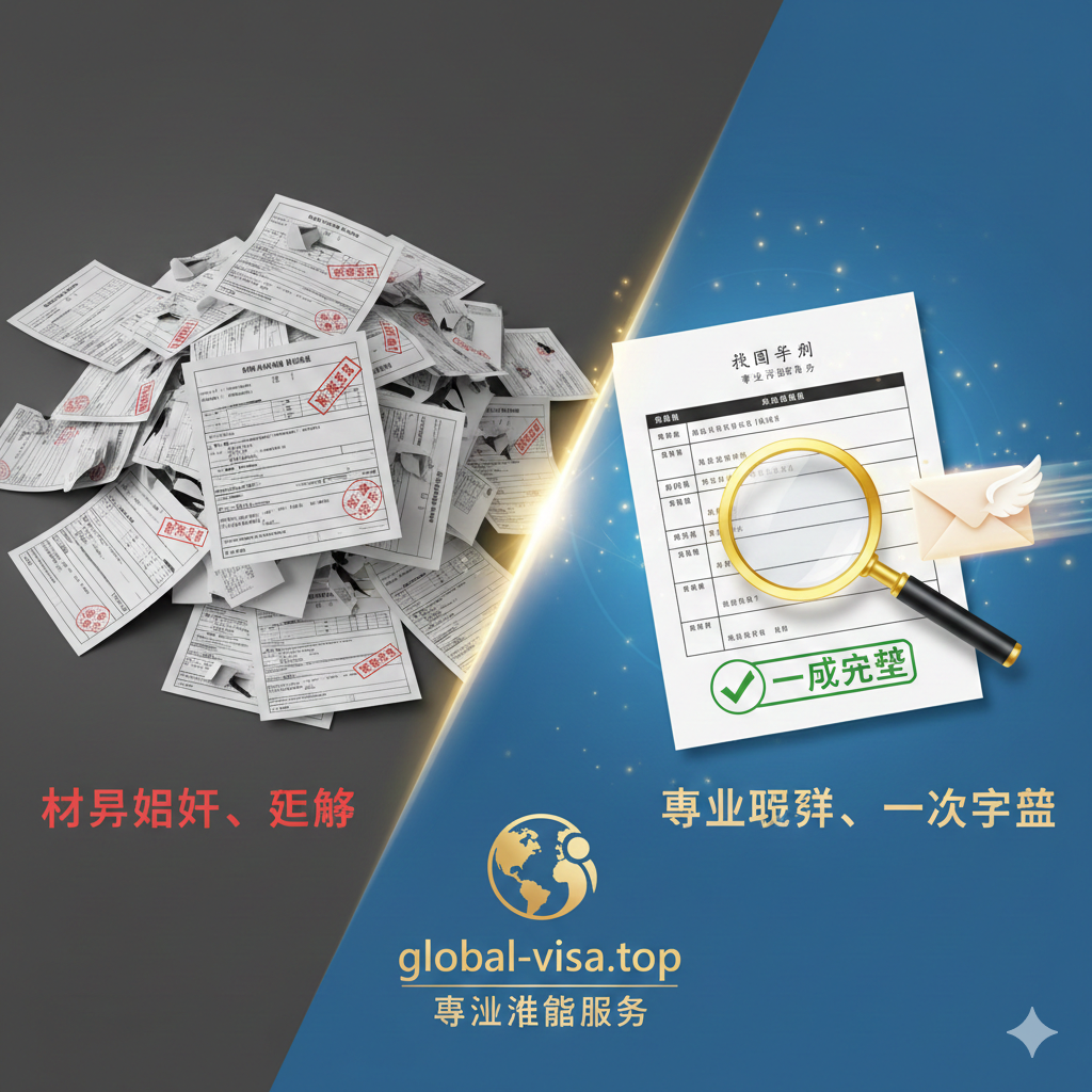 针对global-visa.top的付费服务优势图。画面主体应设计为两个对比鲜明的区域。左侧(旧方式/痛点)用灰色或红色警示色,展示堆叠的复杂表格和被拒绝的印章,配以“材料不符、延误”的文字。右侧(global-visa.top优势)用亮眼的金色或蓝色,展示一个专业的放大镜正在检查一份整洁的表格,一个勾号印章和快速飞驰的信封,配以“专业预审、一次成功”的文字。中间可以有网站的标志性图标(如一个小地球或专业人士),传达专业、高效、避免错误的优势。