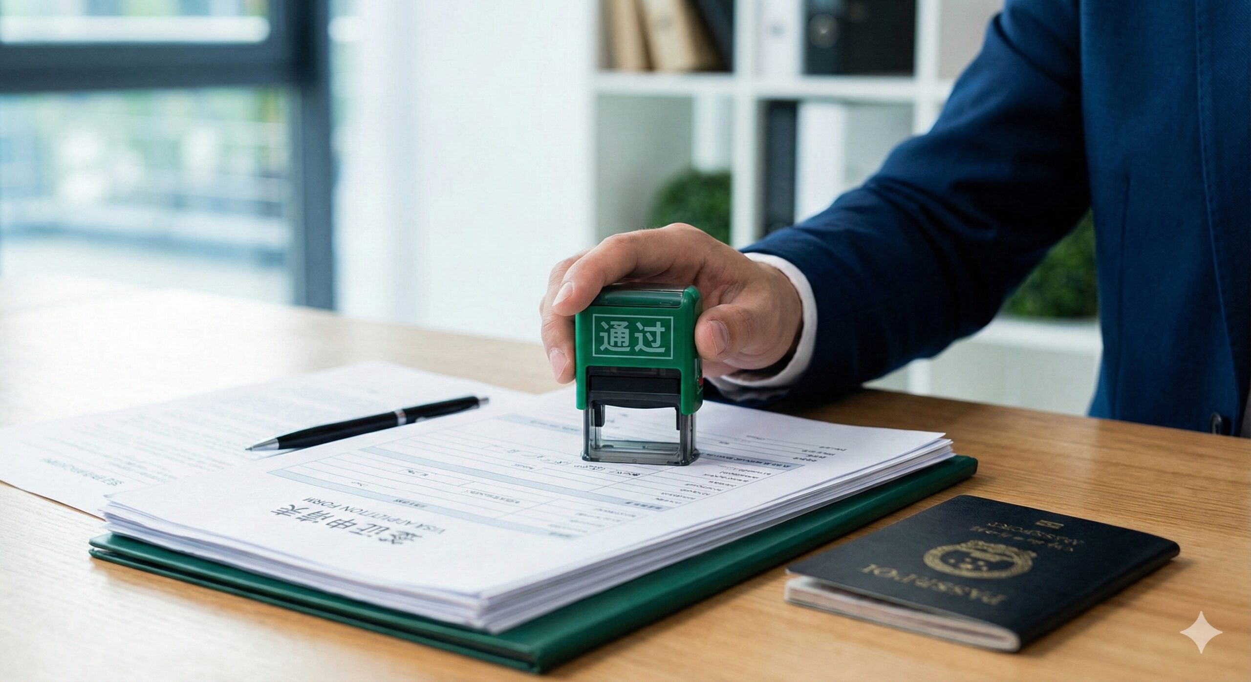 展现专业签证代办服务的商务场景图。在整洁的木质办公桌上，整齐摆放着签证申请表、笔和一本护照。一只穿着西装袖子的手正在文件上盖下绿色的'APPROVED'（通过）印章。背景虚化处理，可以看到专业的办公环境。图片的色调以信任蓝和成功绿为主，传递出global-visa.top解决拒签痛点、提供高效服务的品牌形象，给用户以安全感。