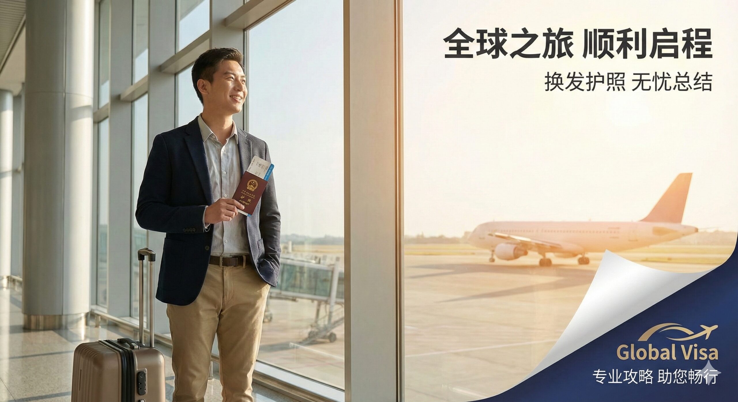 充满希望和愉悦感的总结性图片。画面描绘了一位商务人士或旅行者在现代化的机场落地窗前，手持新护照和登机牌，身边放着行李箱，正微笑着望向窗外准备起飞的飞机。阳光洒在人物身上，营造出温暖、轻松的氛围。图片右下角可隐约融入Global Visa的品牌元素，寓意通过我们的攻略和服务，用户可以顺利换证，无忧开启全球旅程。