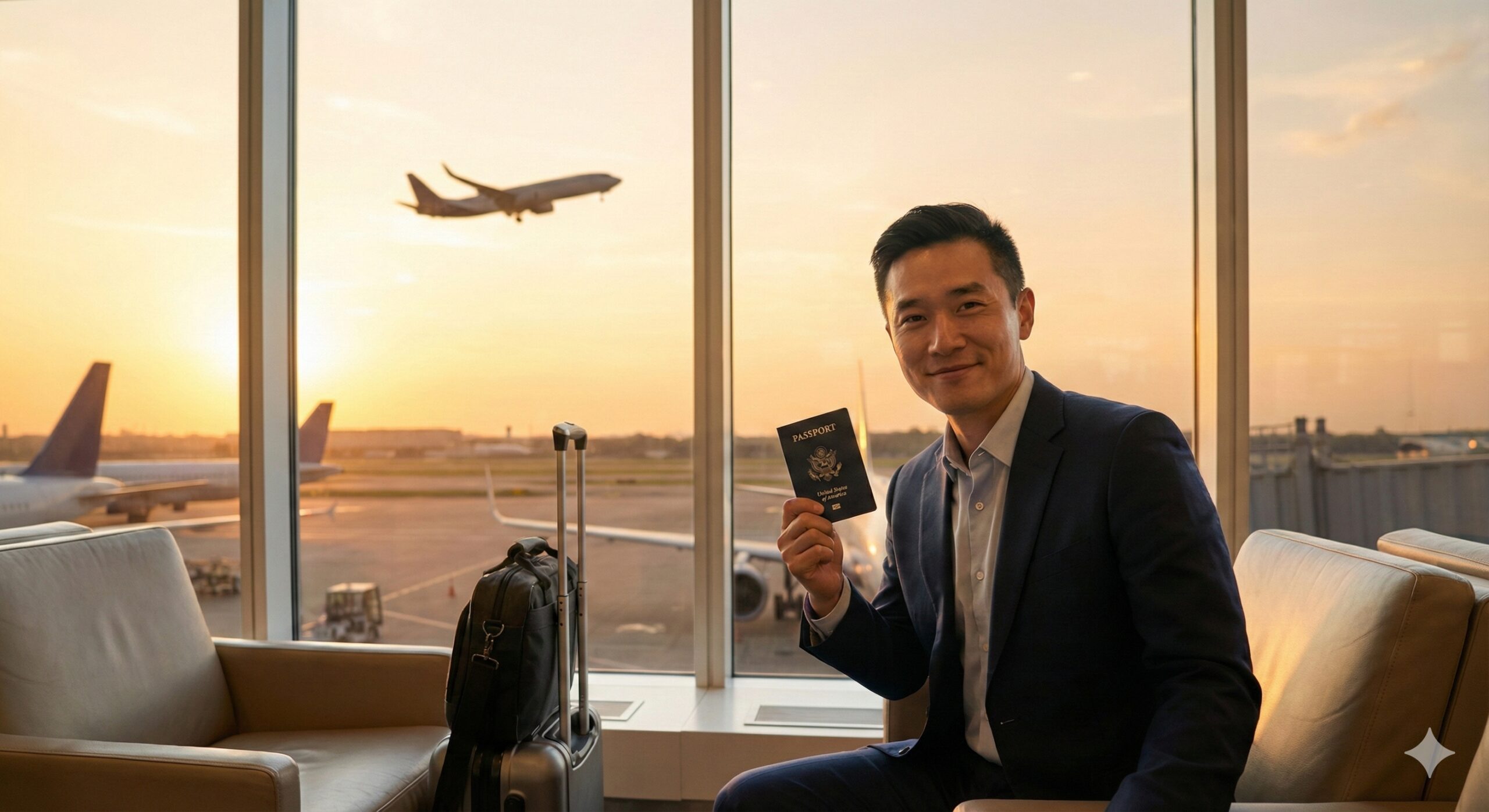 一张充满情感共鸣的总结性图片，描绘一名华人商务人士或游客在明亮的现代化国际机场候机大厅，手持一本崭新的美国护照，脸上洋溢着自信和轻松的微笑，背景是透过落地窗看到的停机坪和起飞的飞机。光线采用温暖的日落逆光，营造出‘顺利办结、即将启程’的成功感和希望感。图片角落隐约可见行李箱，呼应文章结尾的顺利出行祝福，强化Global Visa作为坚实后盾的品牌形象。