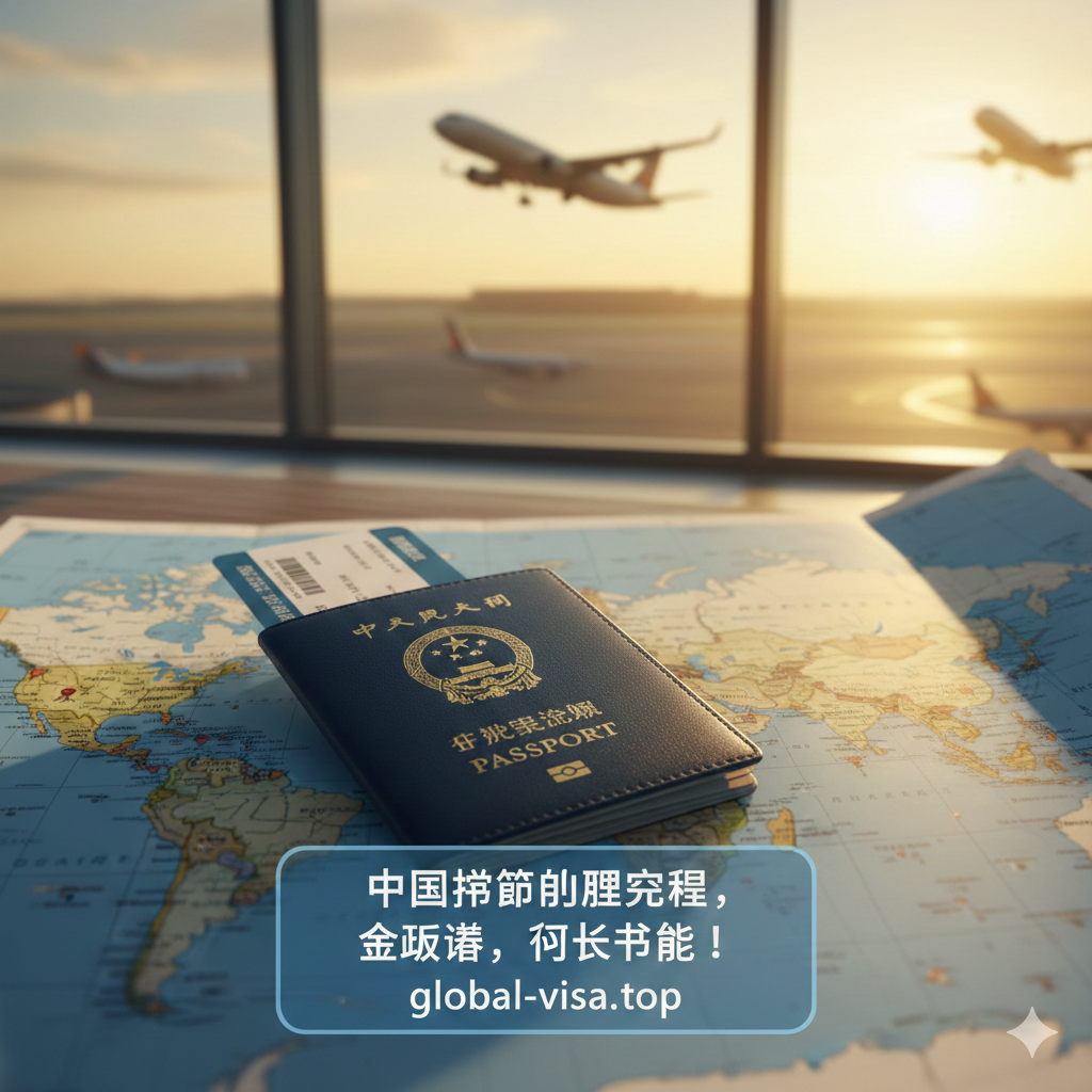 充满希望与旅行憧憬的场景构图。画面前景是一本已经办好的中国护照，夹在精致的旅行护照夹中，旁边放着一张登机牌和世界地图。背景是虚化的机场落地窗或起飞的飞机剪影，沐浴在金色的晨光中。图片寓意着在解决护照承诺书问题后，下一步即是开启全球签证办理与旅行，引导用户联想到global-visa.top的后续签证服务。