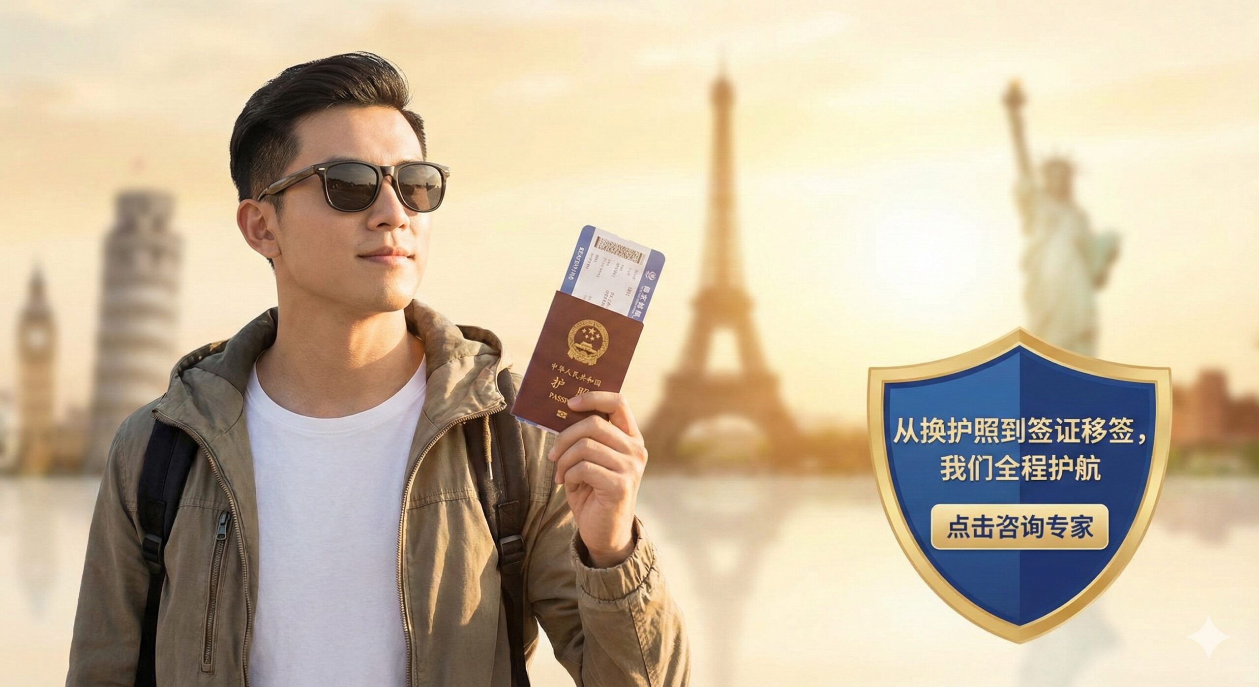 总结性的生活方式图片，展示一位旅行者在阳光下自信地手持护照和登机牌，背景是虚化的国际地标建筑（如埃菲尔铁塔或自由女神像）。图片右下角叠印global-visa.top的品牌色盾牌图标或咨询按钮元素，寓意'从换护照到签证移签，我们全程护航'，激发用户点击咨询专家以确保顺利入境。