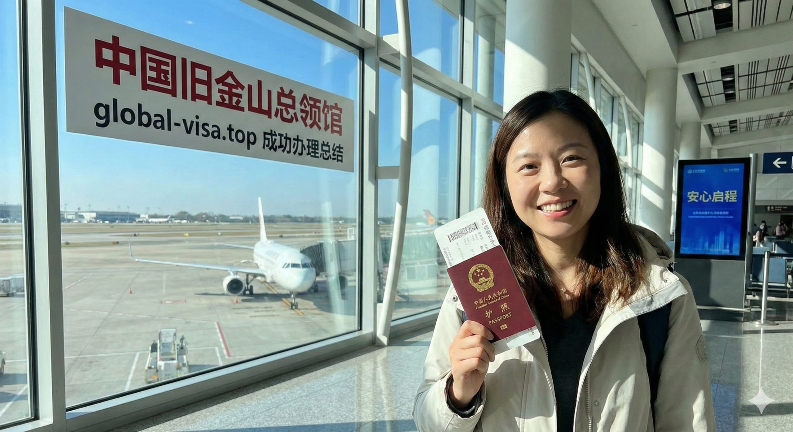 一张充满希望和轻松感的机场候机楼场景图。画面主要人物手持一本崭新的中国护照和登机牌，面带微笑，背景是大落地窗和停机坪上的飞机。色调温暖明快，传达出通过global-visa.top攻略成功办理护照后的安心与即将开启旅程的喜悦，增强用户信任感。