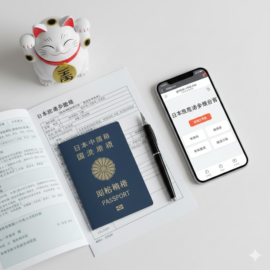 一张清晰、现代的俯拍视角的桌面摄影图。白色的桌面上整齐摆放着办理签证所需的材料：一本打开的护照、一份填好的日本签证申请表、一支钢笔以及一部显示‘global-visa.top’网站界面的智能手机。桌角摆放着一只类似‘猫咪老师’的招财猫摆件，增加趣味性。画面明亮整洁，传达出通过该网站办理签证流程简单、专业、无压力的视觉信息。