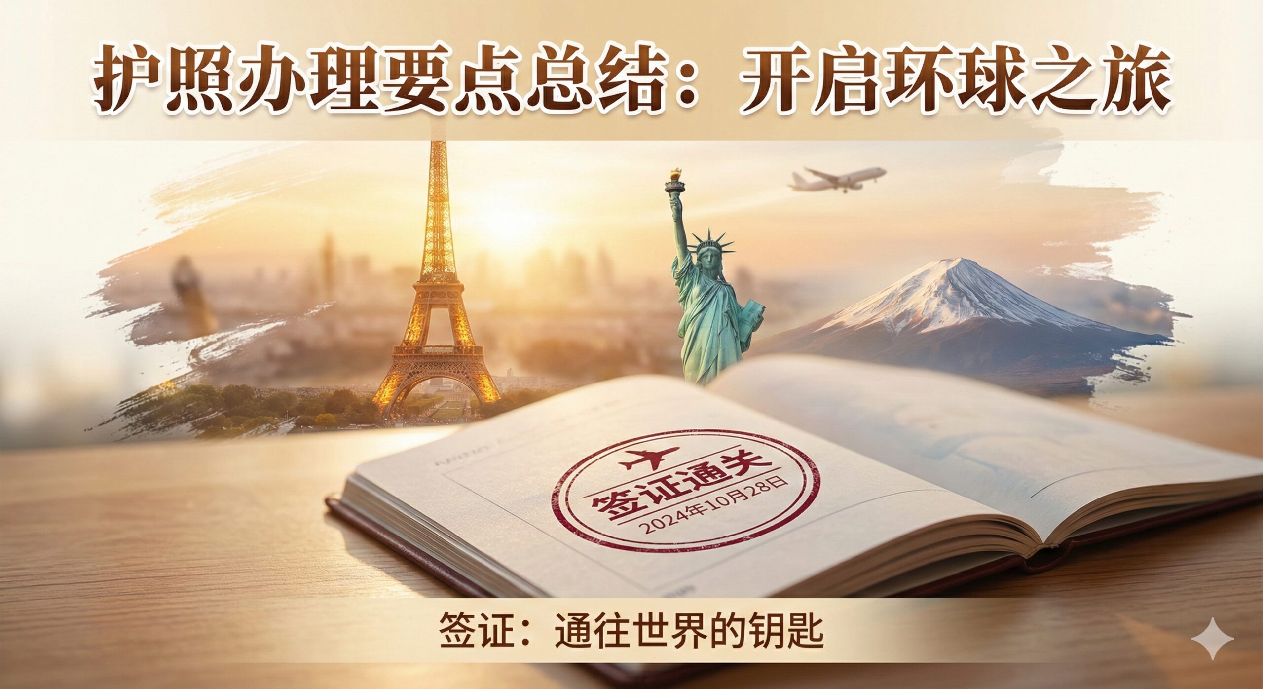 一张极具感染力的总结性图片，画面前景是一本打开的护照，页面上刚刚盖下一个清晰的签证章，象征着‘通关’。背景通过艺术拼贴的方式展示世界著名地标建筑，如埃菲尔铁塔、自由女神像和富士山，并在远景中融入飞机的剪影。