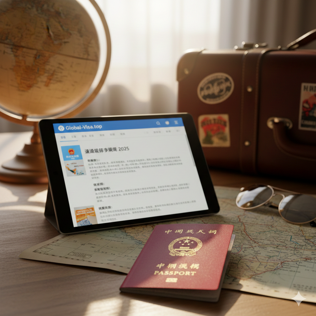 一张温暖的旅行规划生活方式图片。画面前景是一本打开的中国护照,旁边放着一台笔记本电脑或平板电脑,屏幕模糊可见Global-Visa.top的签证攻略页面。背景包括一个复古地球仪、收拾好的行李箱一角和放在地图上的太阳镜。阳光侧逆光洒在桌面上,营造出整装待发的氛围,引导用户关注'下一步申请签证'的行动呼吁。
