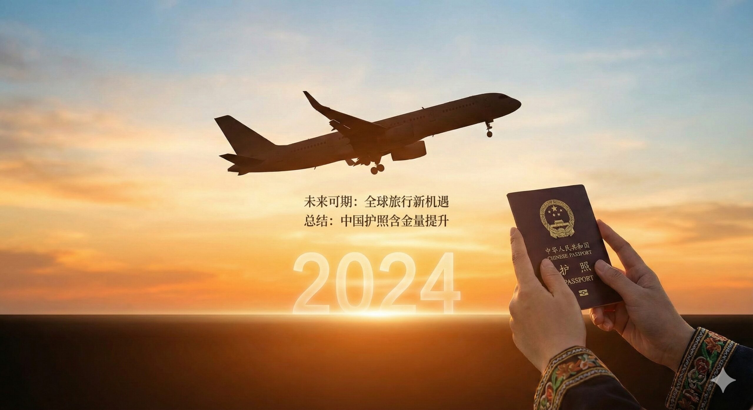 一张展望未来和总结性的图片。主画面是一个正在起飞的飞机剪影，背景是金色的夕阳或黎明，象征中国护照含金量的提升和更美好的旅行未来。前景是一双自信地拿着护照的手，手指指向远方。画面中央可以有一个半透明的2024数字。整体风格要温暖、励志，采用暖色调（金黄、橙色、浅蓝）。构图应为开放式，引导观众将目光投向远方，体现文章“结语”部分所传达的“新机遇与持续更新”的主题。