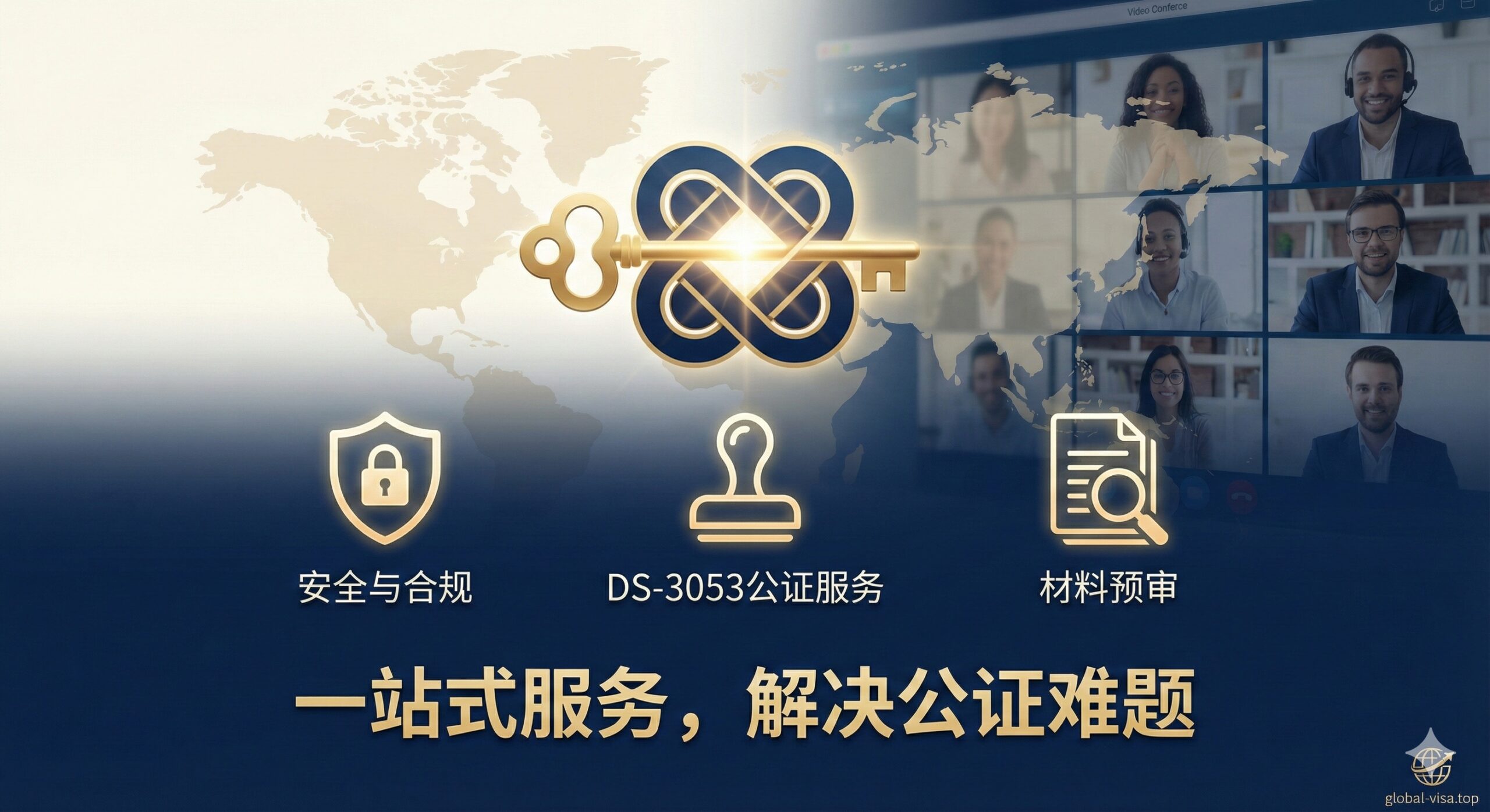 优势图主要展示Global Visa的专业支持。画面中心是一个代表“解决方案”的抽象符号,例如一个解开的复杂结或一把钥匙。背景是淡雅的全球地图或一个正在进行视频会议的场景,象征跨境服务。在符号下方,并排放置三个关键词图标:一个盾牌(代表安全与合规)、一个公证章(代表DS-3053公证服务)、一个放大镜和文件(代表材料预审)。整体色彩偏向金色和深蓝色,突出专业和权威感,并植入global-visa.top的Logo或名称作为水印。强调“一站式服务,解决公证难题”。