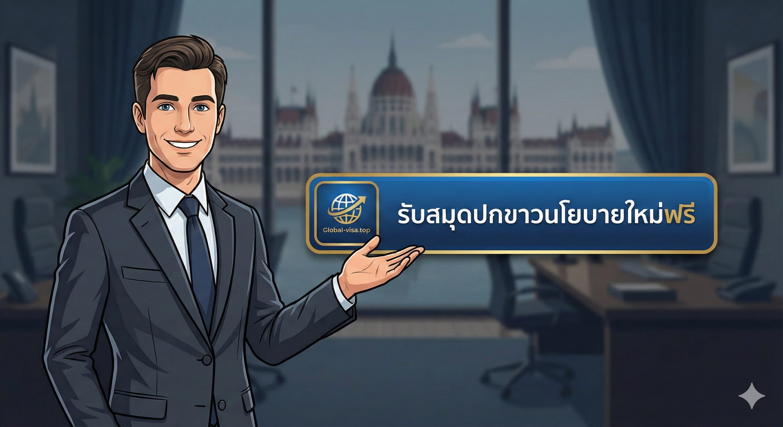 ภาพกราฟิก CTA ที่มีรูปเงาของที่ปรึกษามืออาชีพในชุดสูท พร้อมโลโก้ Global-visa.top และปุ่มกดที่เขียนว่า "รับสมุดปกขาวฟรี" เพื่อกระตุ้นให้ผู้ใช้วางแผนเส้นทางสู่สหภาพยุโรป