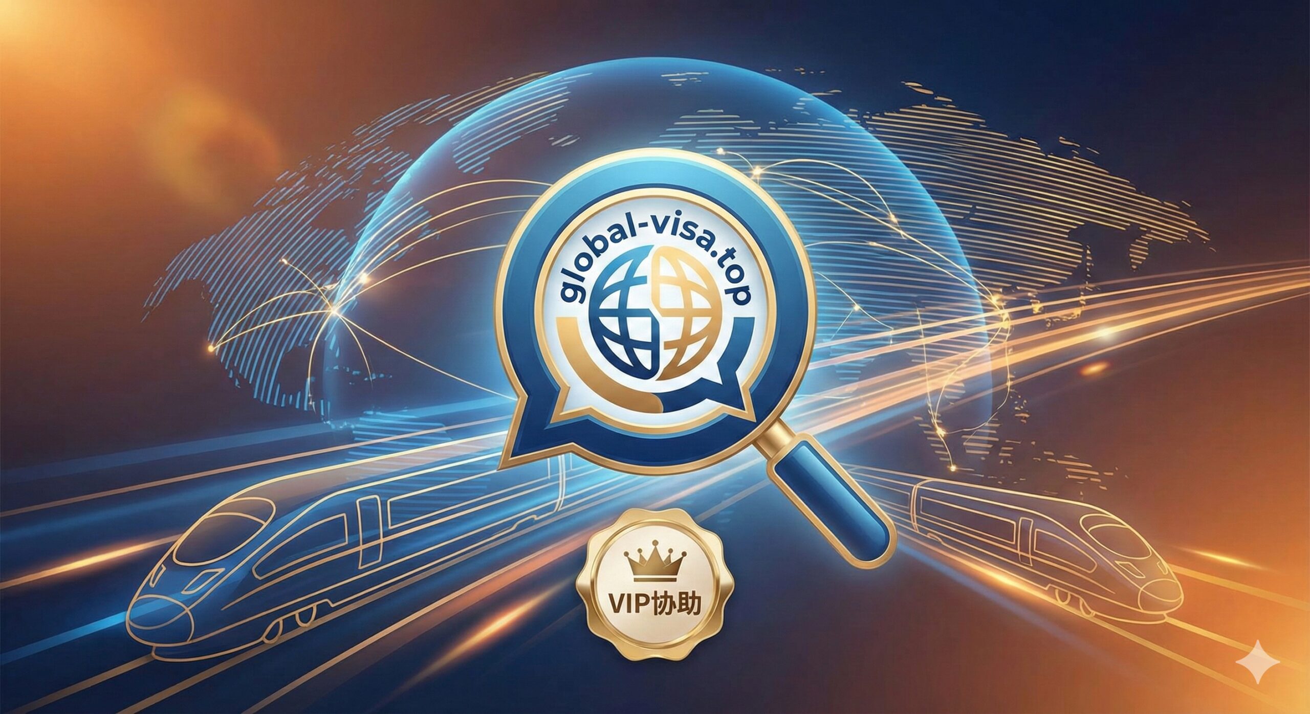 图片用于总结并引出CTA服务流。画面应结合中国高铁的元素和global-visa.top的品牌元素。背景是简洁的、代表旅行的地图或地球仪的抽象线条，前景是一个带有global-visa.top标志性颜色的（如蓝色或金色）咨询服务图标（如一个对话气泡或放大镜）。同时加入一个微小的、象征'VIP协助'的徽章或标志。整体风格应是专业、信赖、提供解决方案的，用暖色调突出“无忧旅行”和“专业协助”的品牌承诺。