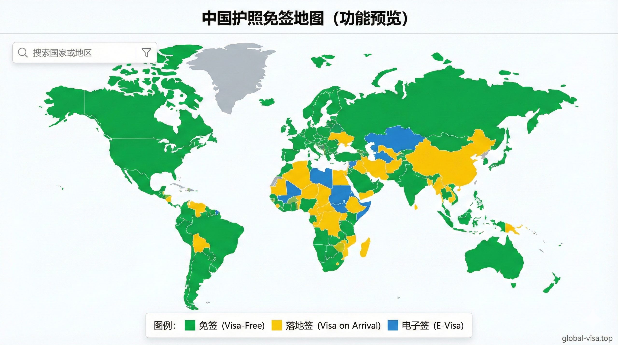 这张图应展示文章核心工具——“中国护照免签地图”的功能特性。画面主体是一个精美的世界地图俯视图，地图上的国家区域被清晰地划分为不同颜色：醒目的绿色（免签）、鲜艳的黄色（落地签）和蓝色（电子签）。右侧或下方放置一个简洁的图例（Legend），解释颜色的含义。地图上方的显著位置可以叠加一个搜索框或筛选器图标，暗示数据是可查询、交互式的。整体风格为数据可视化（Data Visualization），清晰、专业，体现 global-visa.top 提供的工具化和结构化数据优势。