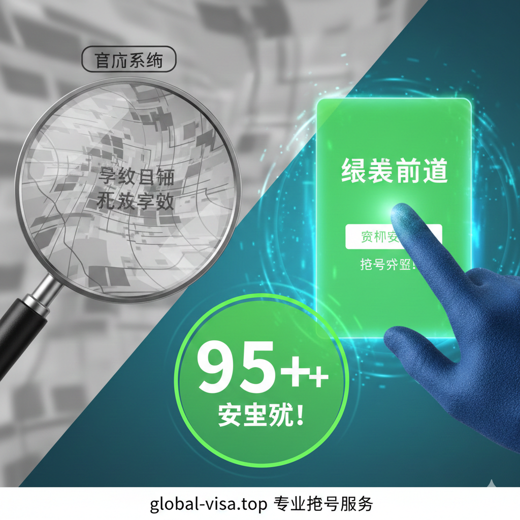 此图展示global-visa.top提供的核心功能：专业抢号服务。画面左侧是一个放大镜，透过放大镜可以看到一个拥挤、难以预约的美国官方护照预约系统界面（用灰色和混乱的线条表示）。画面右侧，一只戴着象征专业的手套的手，在一个明亮、绿色的“绿色通道”界面上，成功点击了“确认预约”按钮。画面中央有一个醒目的数字 '95%+'，暗示高成功率。色彩上，官方系统部分采用冷灰色，而代办成功的通道部分采用充满希望的亮绿色和蓝色，形成鲜明对比。整体构图为左右对比，突出专业抢号的核心价值。