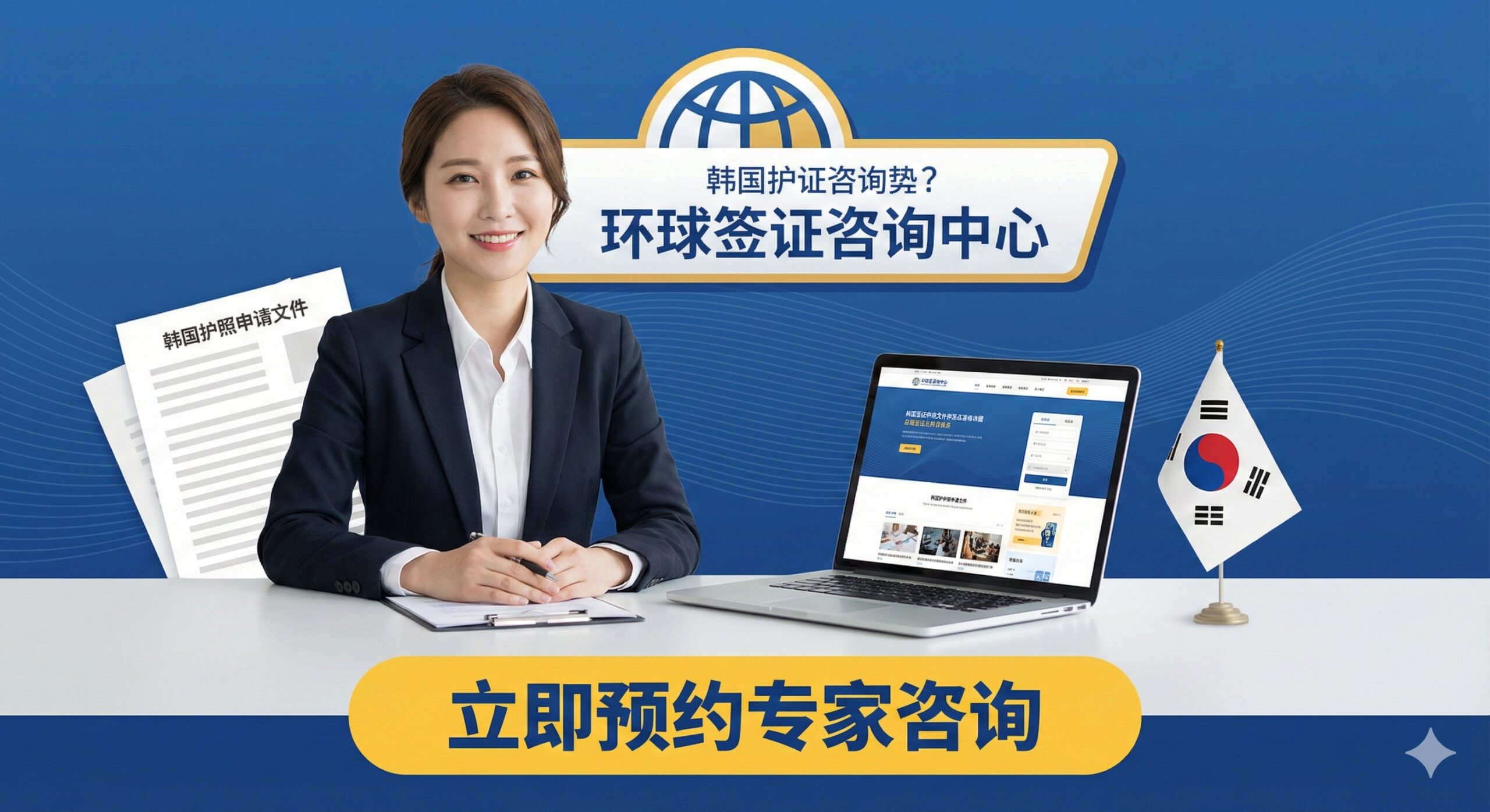 总结图片，旨在引导用户进行咨询。画面中央应是一个身着职业装、面带微笑的移民顾问（或抽象的专业服务图标），背景是global-visa.top的Logo或品牌色。顾问前方的桌面上摆放着文件、电脑和一本韩国国旗小摆件。图片下方留出空间放置CTA文字（'立即预约专家咨询'），整体采用信任感强的蓝色调和温暖的黄色点缀，强调专业、可靠的一站式服务。