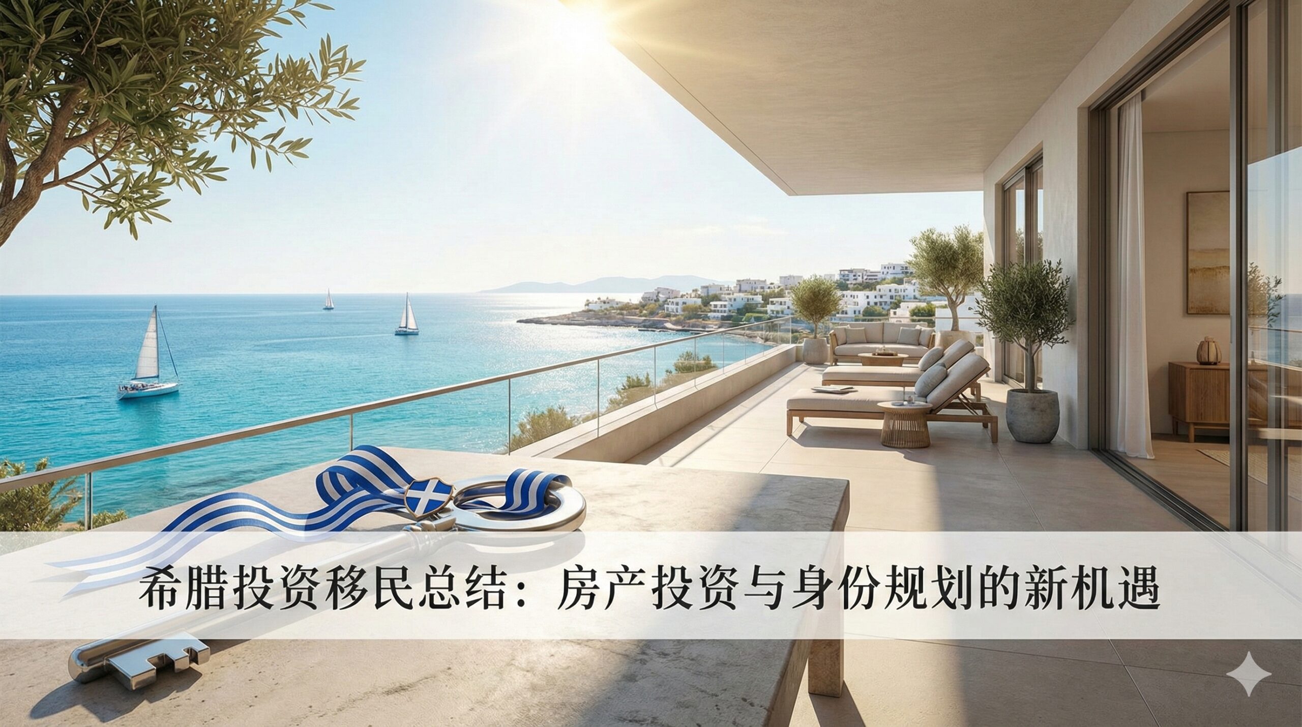 一张宏大的希腊海景房产全景图,作为文章总结。画面展示了一套位于雅典南部的豪华海滨公寓,阳台视野开阔,远眺爱琴海。前景放置着一把系着希腊国旗配色的钥匙,象征着开启新生活的关键。构图宽广,色彩鲜艳明快,充满希望与机遇感。这张图片旨在强化'房产投资+身份规划'的双重价值,鼓励用户在2025年政策窗口期做出明智的投资决策。