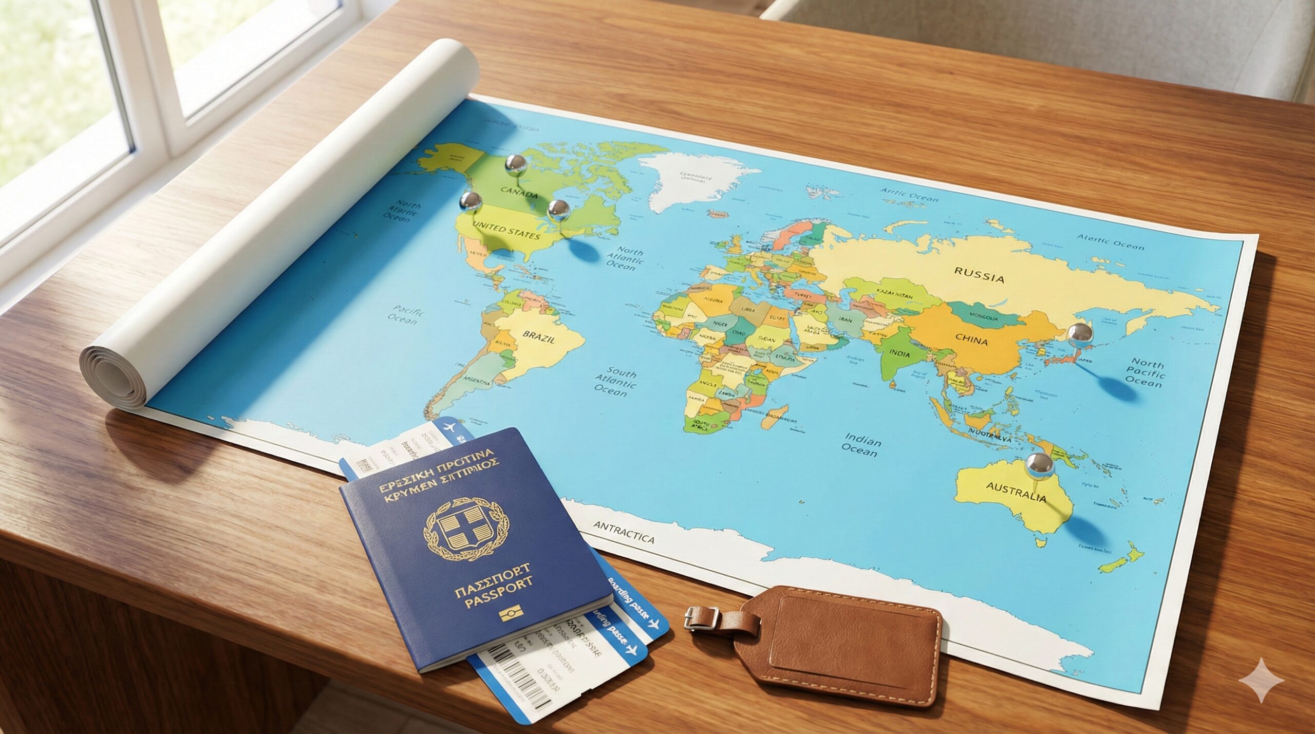 展示希腊护照全球通行自由的视觉图。画面是一个精致的木质桌面,上面铺着一张世界地图,重点国家如美国、加拿大、澳大利亚和日本被标记了亮色的定位销。一本打开的希腊护照放置在地图旁,旁边还有登机牌和高级皮质行李牌。整体风格呈现商务旅行的高效与便捷,采用明亮的自然光照明,色彩清晰,强调持有该护照即可享受'说走就走'的全球免签特权。