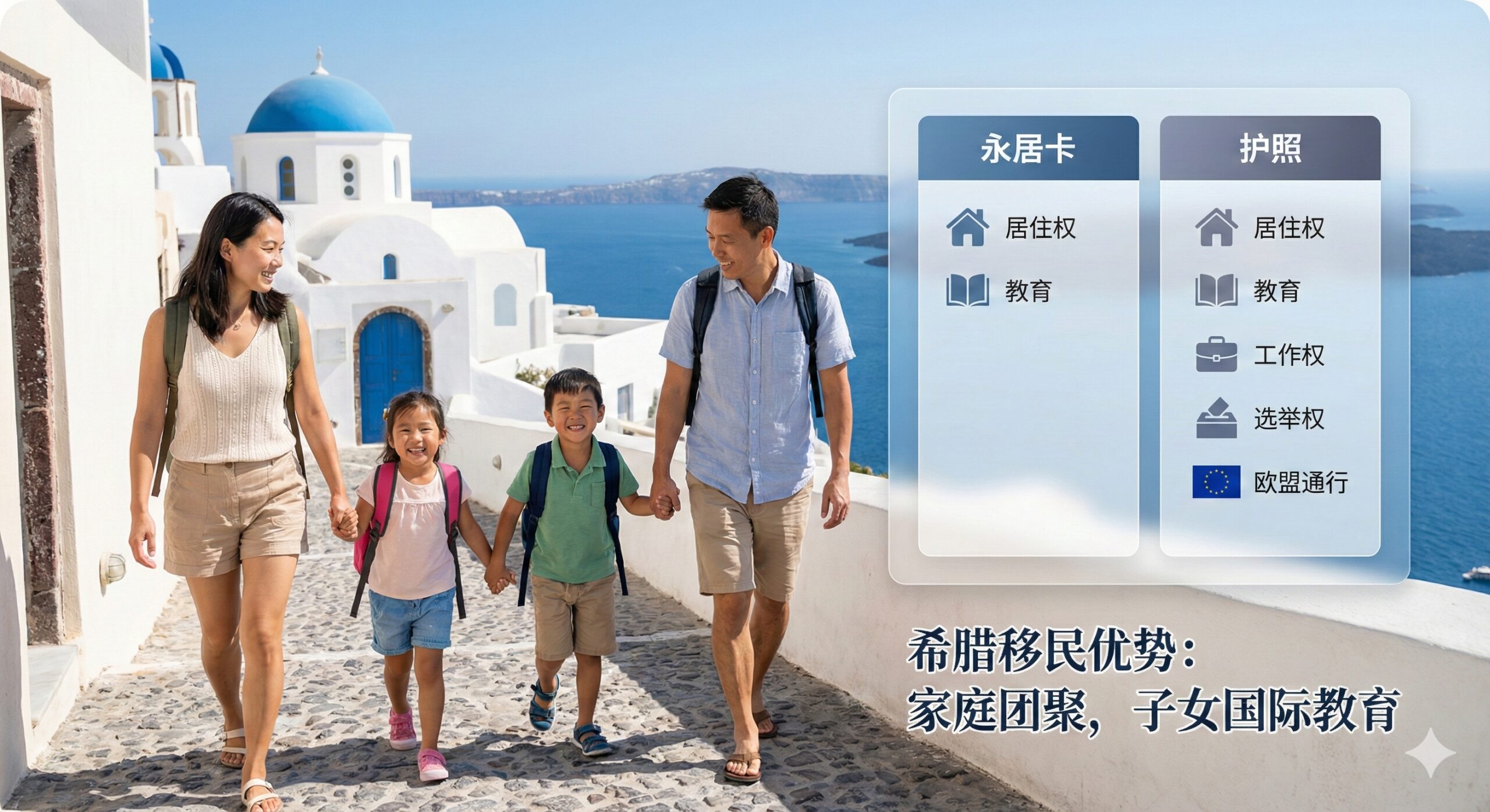 描绘希腊移民生活与教育优势的温馨场景图。画面中一个幸福的亚裔四口之家正漫步在希腊圣托里尼的蓝白街道上,孩子背着书包,笑容灿烂,背景是蔚蓝的大海和明媚的阳光。画面右侧可以通过半透明的UI元素对比展示'永居卡'与'护照'的不同权益图标(如工作权、选举权)。风格自然、生活化,强调家庭团聚、子女国际教育以及融入当地社会的幸福感。